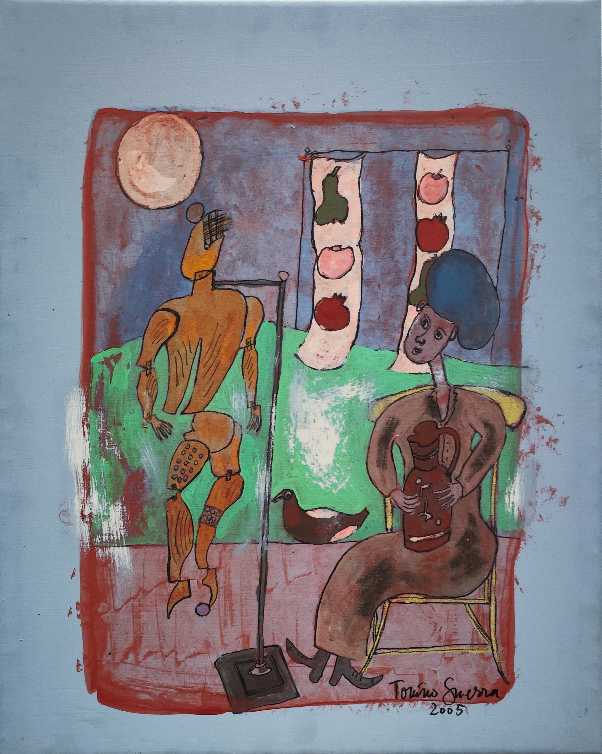 A painting of a woman sitting in a chair next to a man.