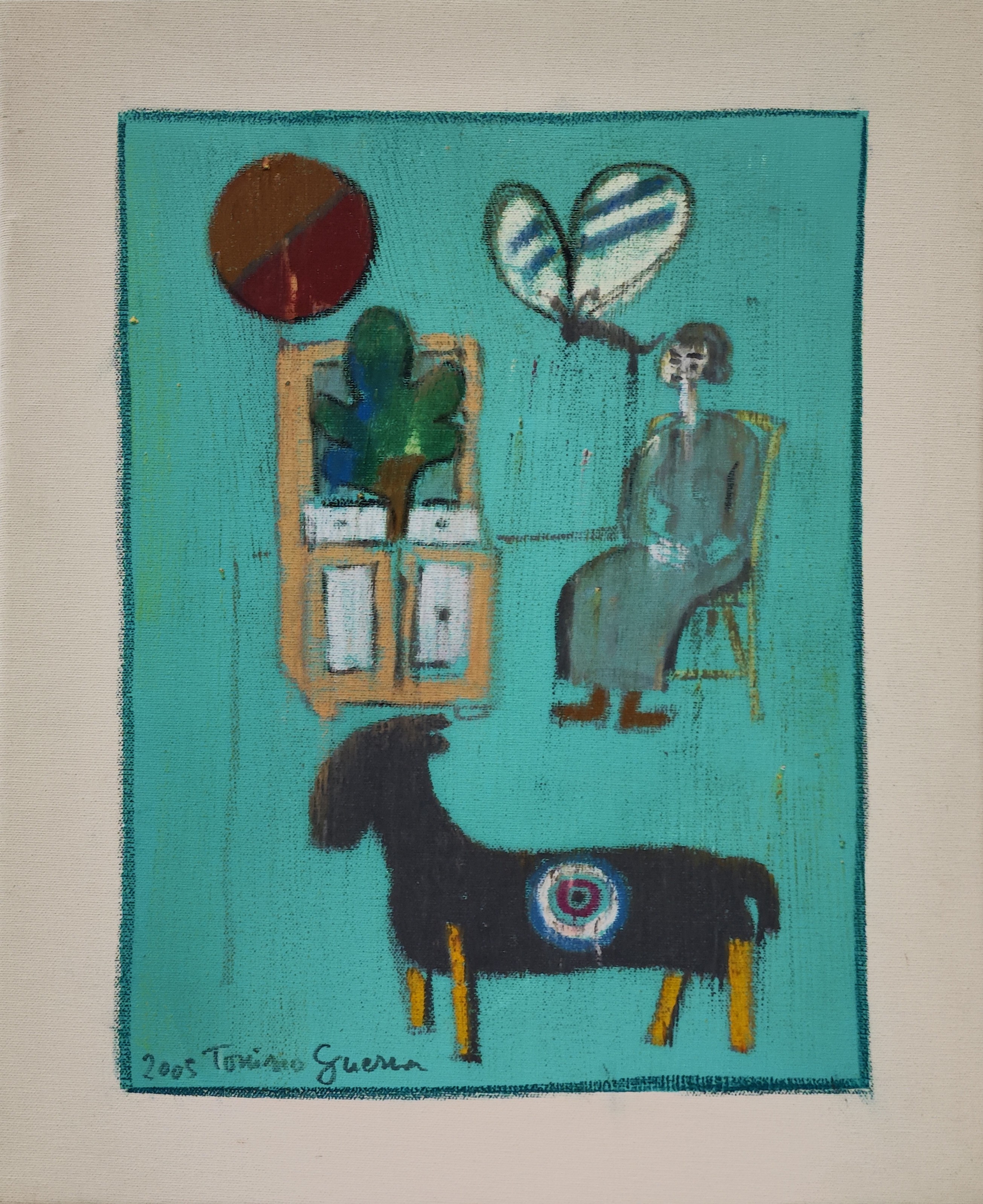A painting of a woman sitting in a chair next to a dog.