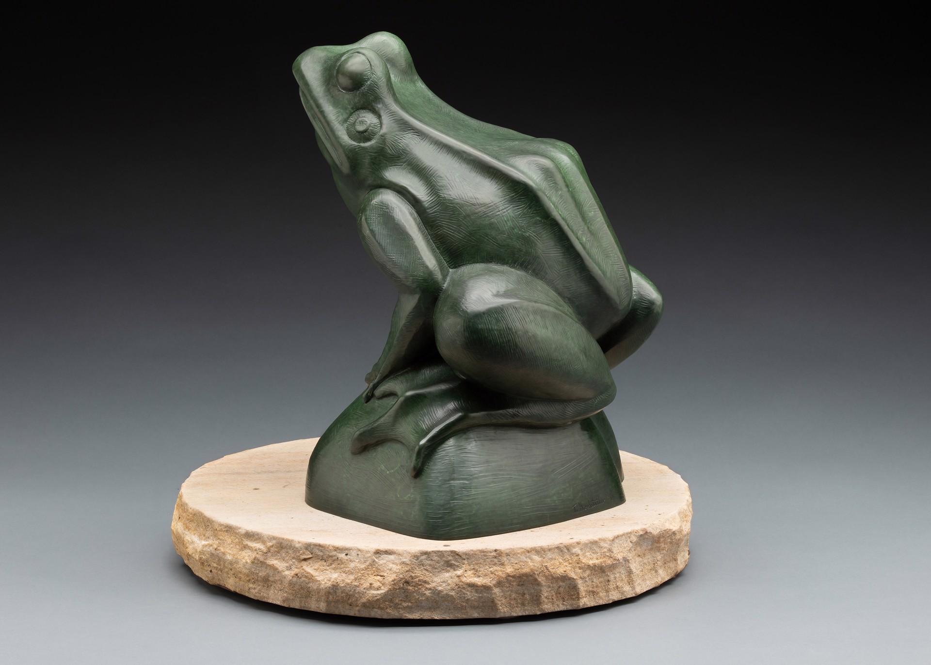 A green frog sitting on top of a rock.