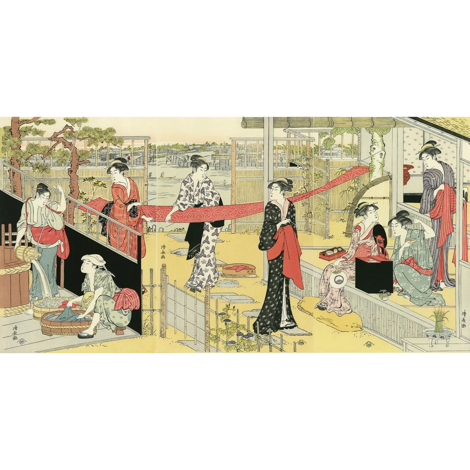 Washday (in vertical oban triptych) by Torii Kiyonaga, 1782