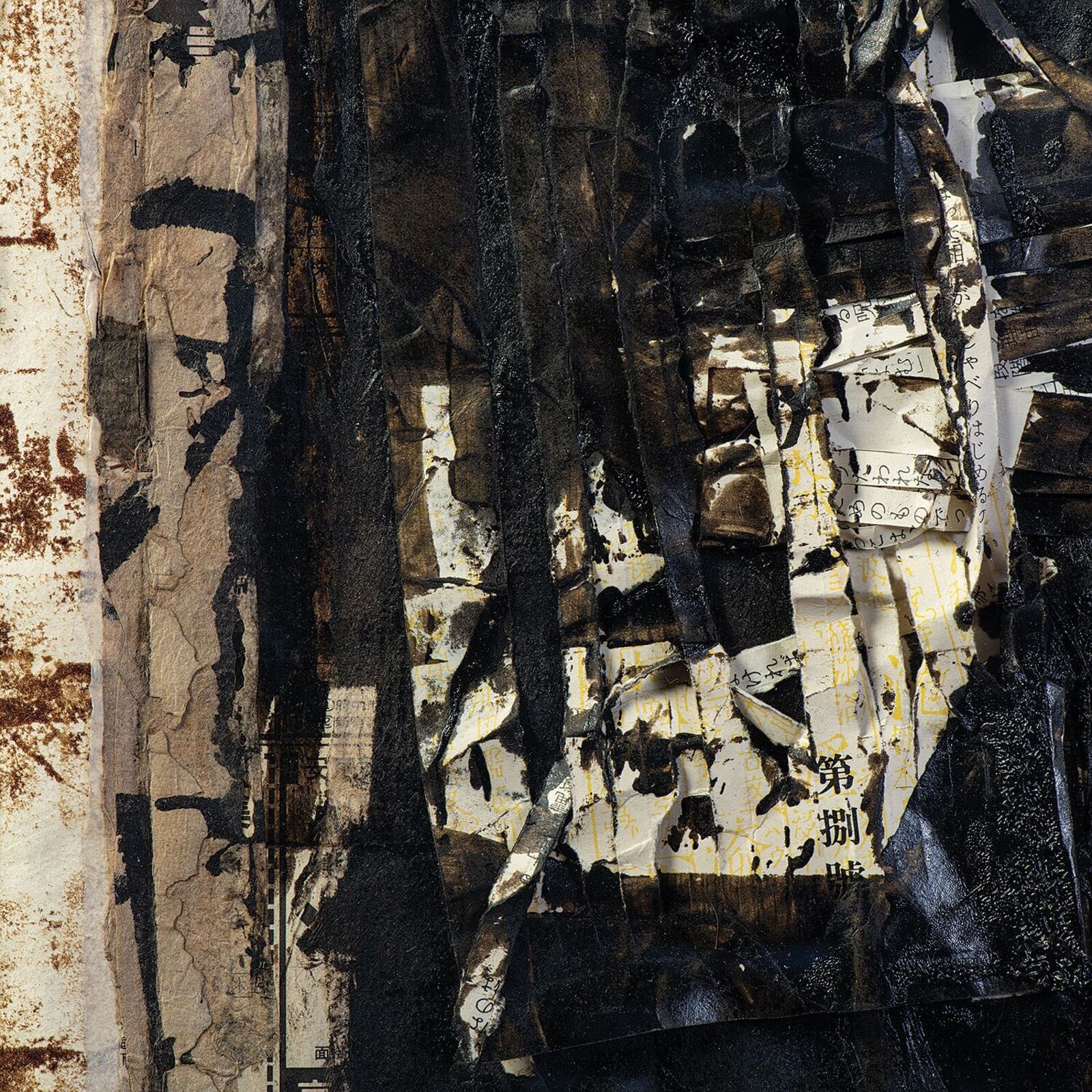A framed mixed-media artwork featuring a dark, textured central form over a newspaper background.