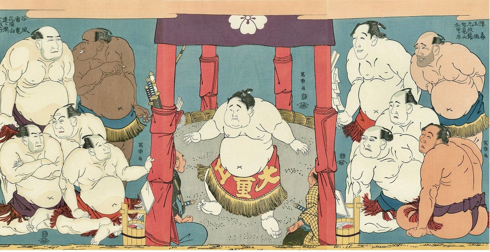 A sumo wrestling scene featuring a central wrestler surrounded by other figures in a traditional Japanese setting.