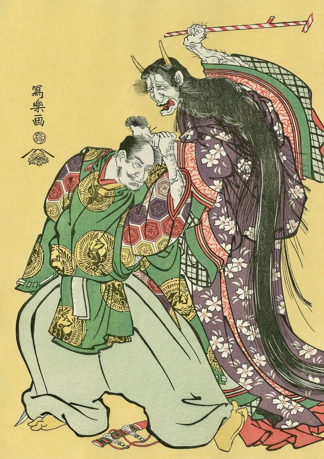 A painting of a man in a kimono and a woman in a green dress.