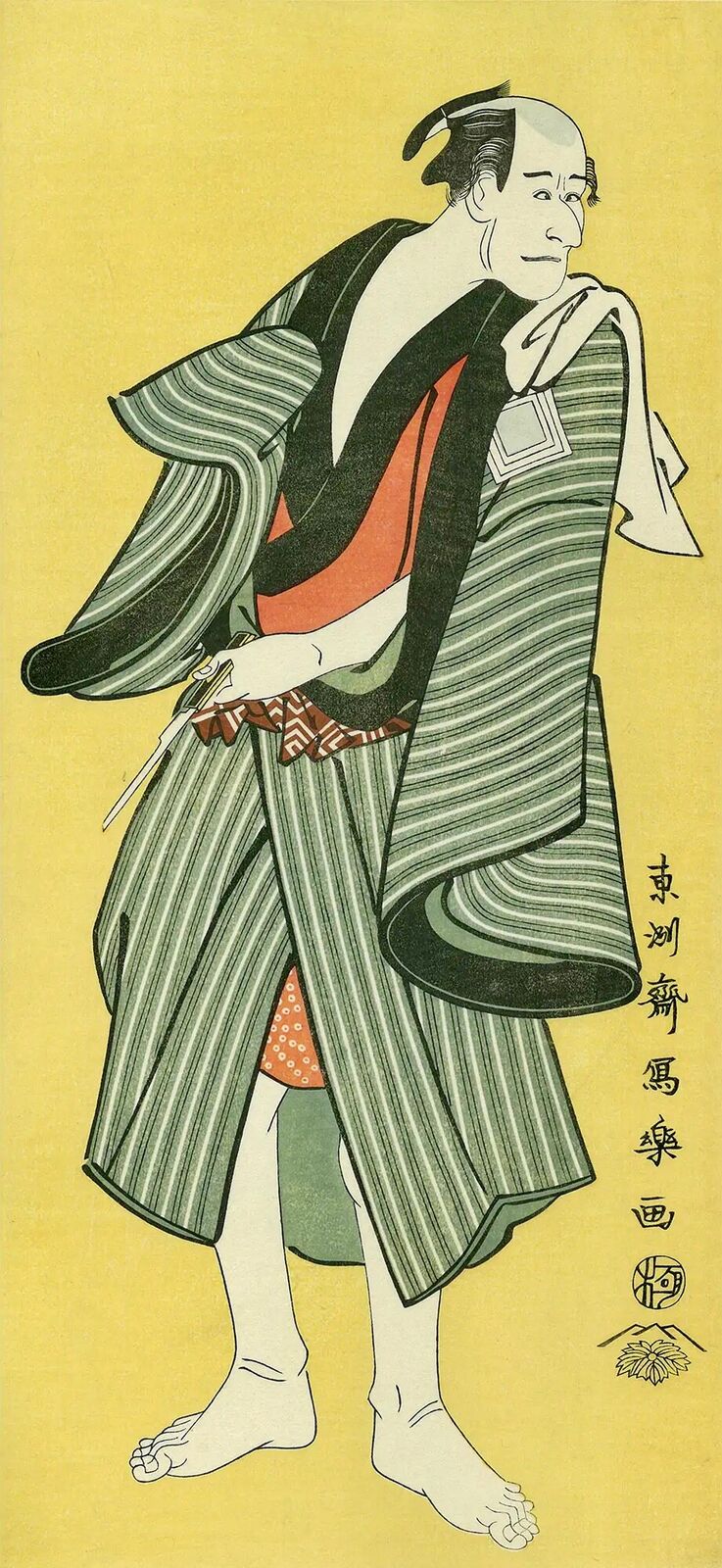A painting of a man in a kimono with a hat on his head.