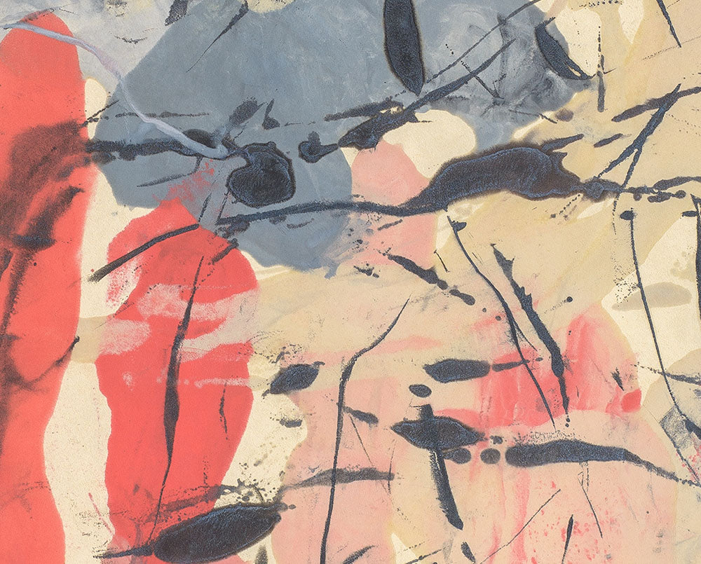 A painting of a red and blue abstract painting on a beige background.