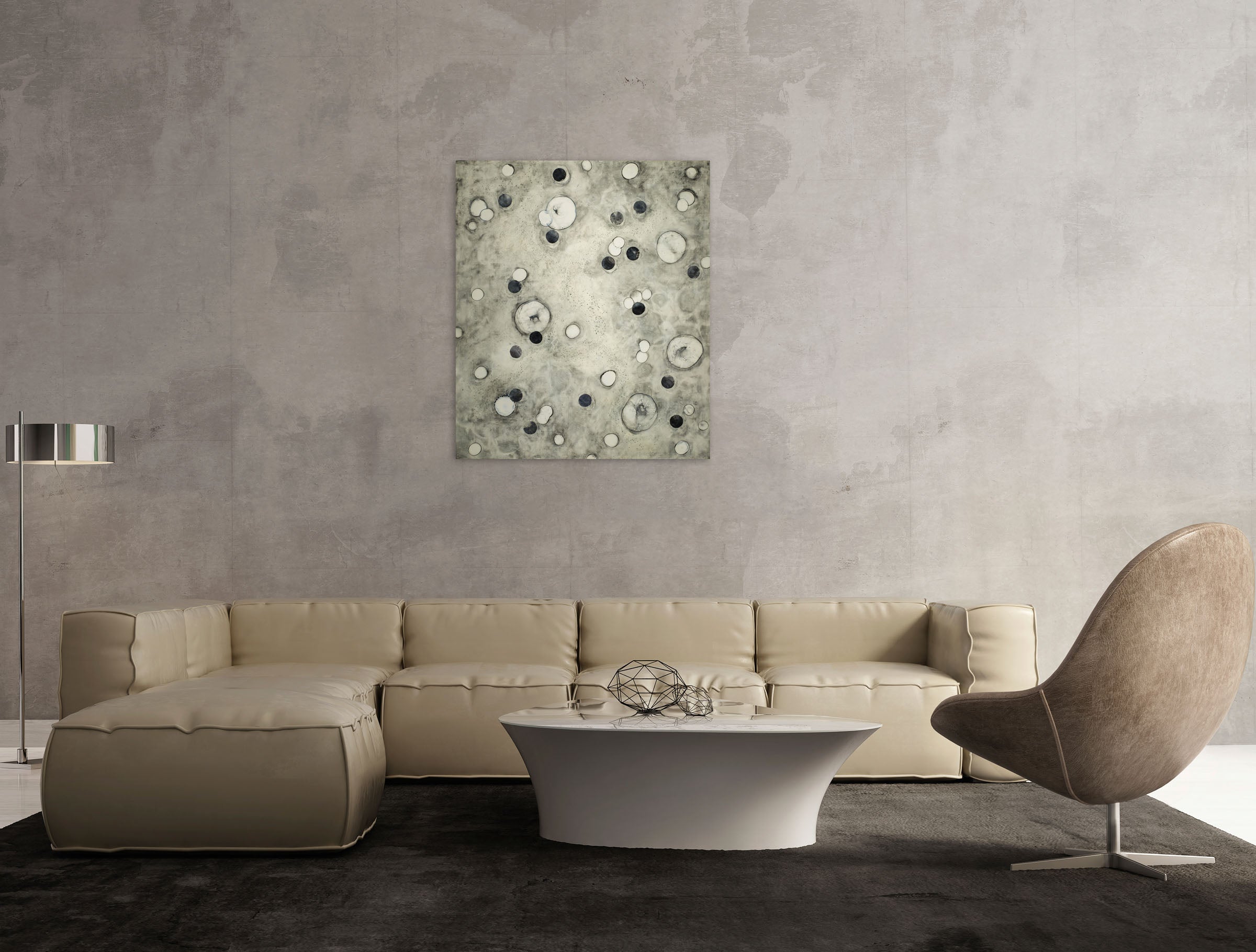 A black and white painting of circles on a white background.
