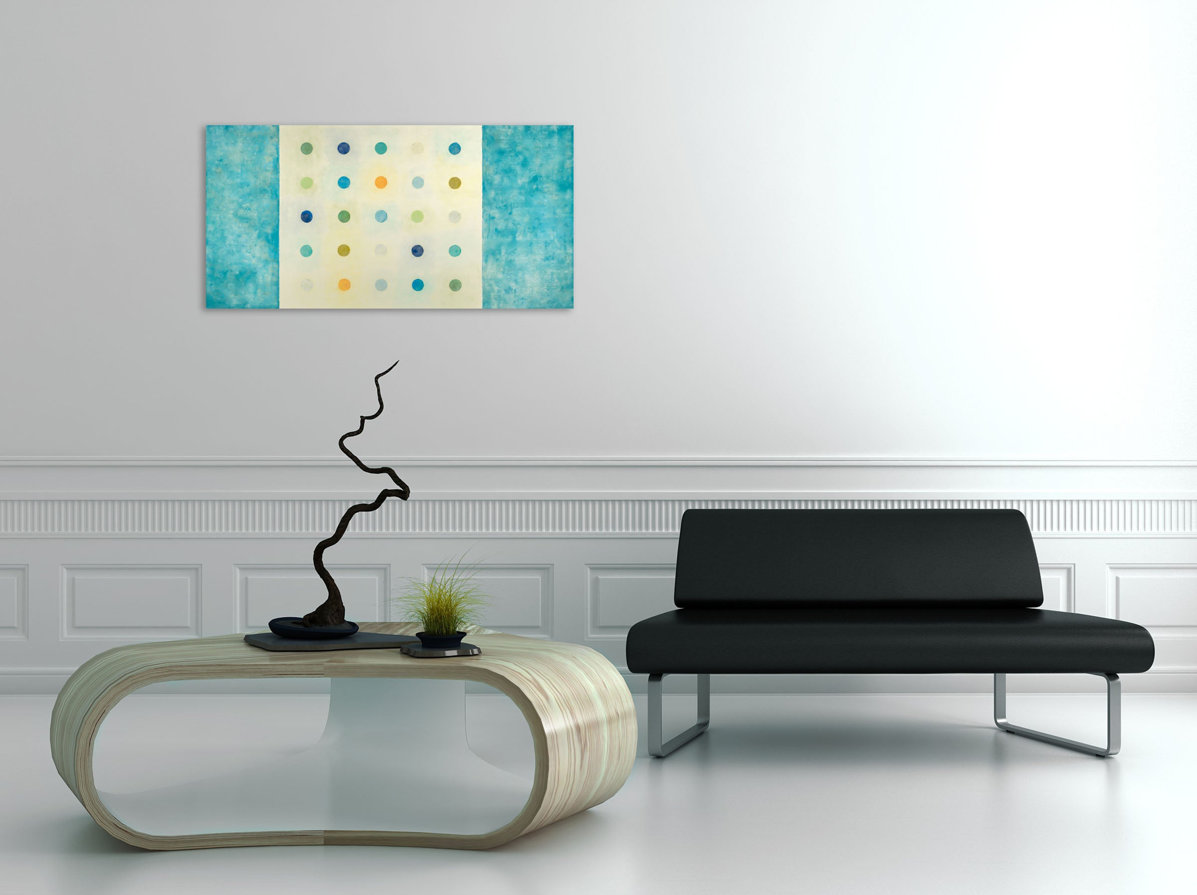 A painting of blue and yellow polka dots on a white background.