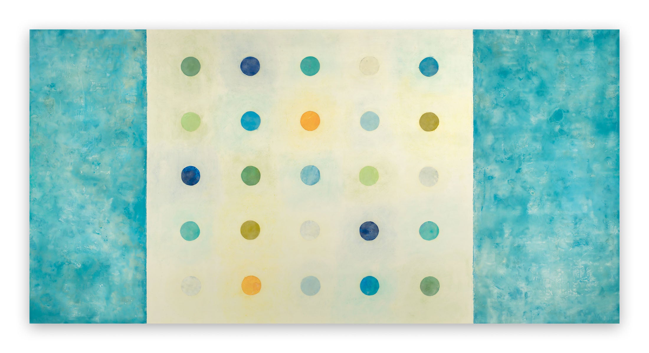 A painting of blue and yellow polka dots on a white background.