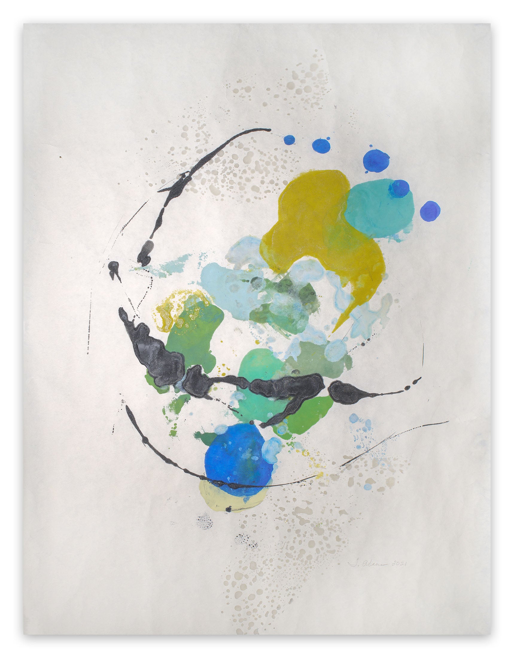 A painting on a white wall with blue and yellow paint splatters.