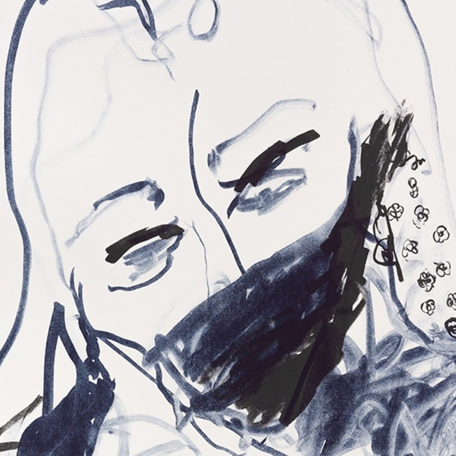 A drawing of a woman with a mask on her face.