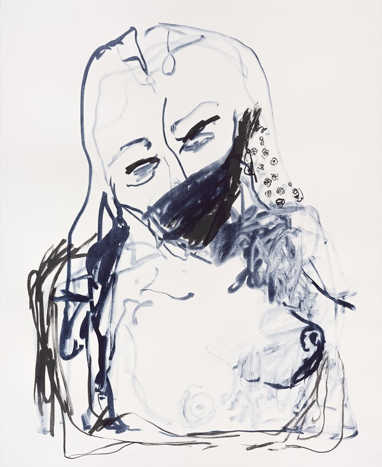 A drawing of a woman with a mask on her face.