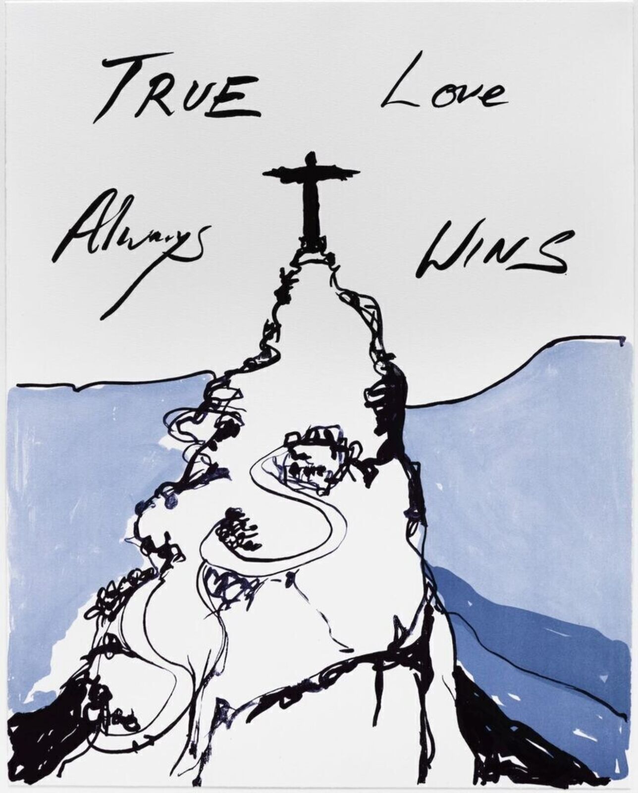 A framed print featuring a stylized mountain with a cross on top and the text 'True Love Always Wins'.