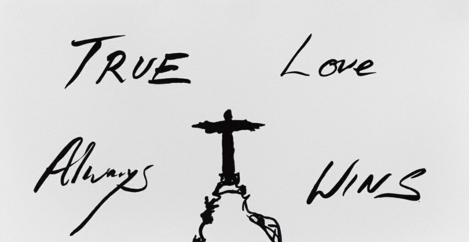 A framed print featuring a stylized mountain with a cross on top and the text 'True Love Always Wins'.