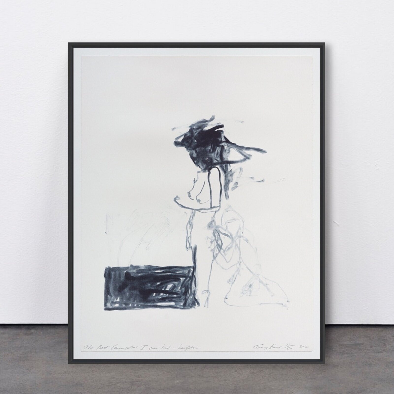 A minimalist ink sketch of a seated figure with a dark, abstract head against a stark white background.