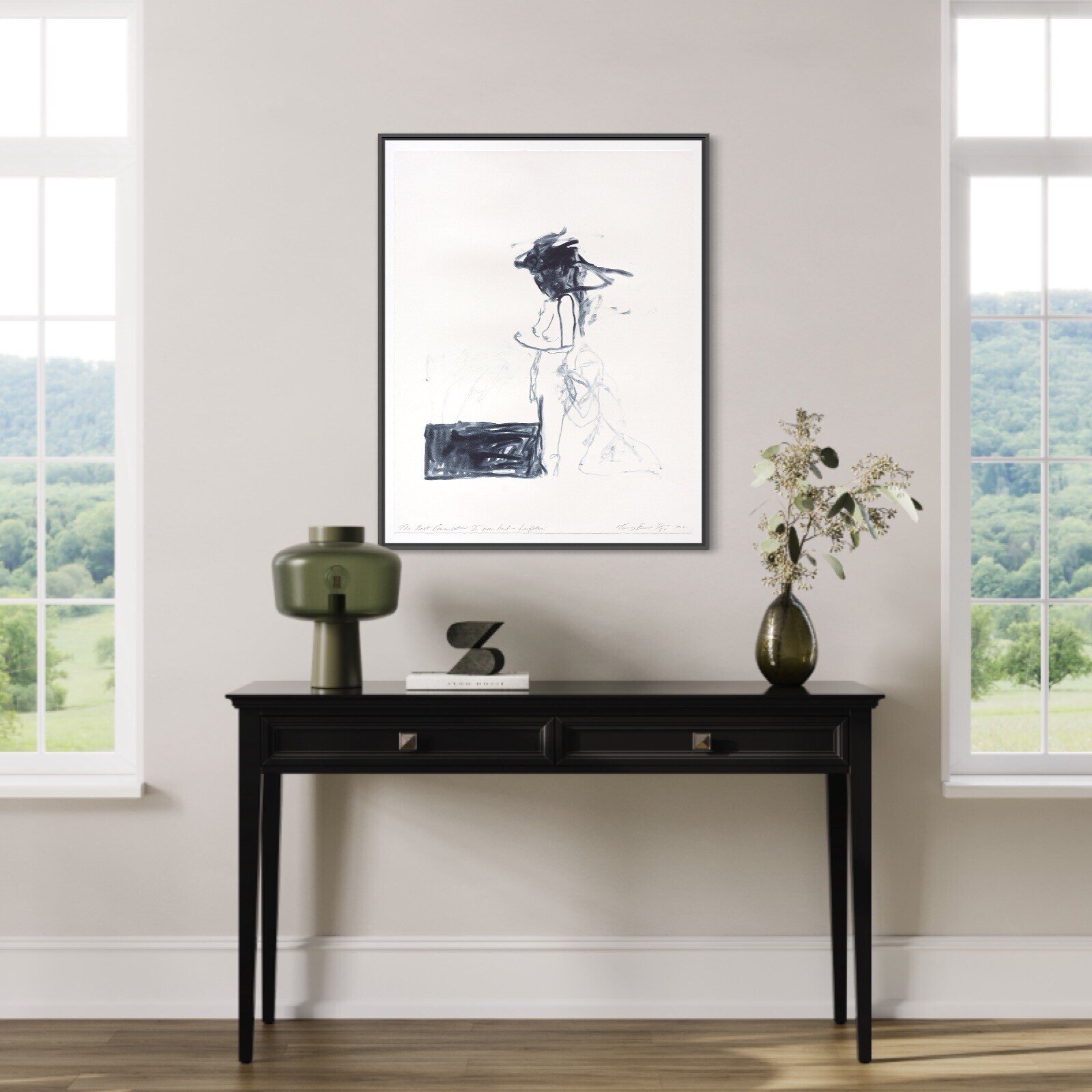 A minimalist ink sketch of a seated figure with a dark, abstract head against a stark white background.