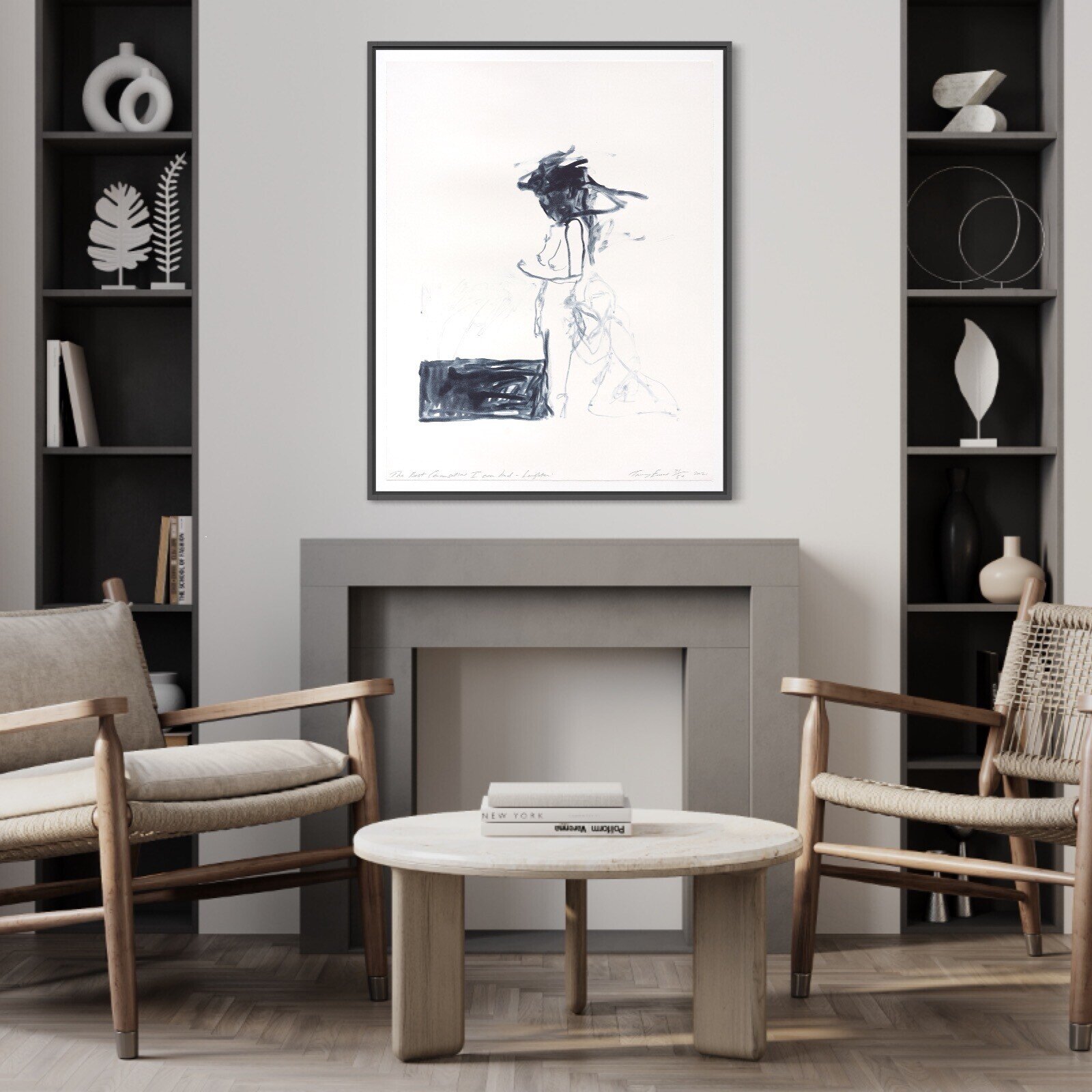 A minimalist ink sketch of a seated figure with a dark, abstract head against a stark white background.