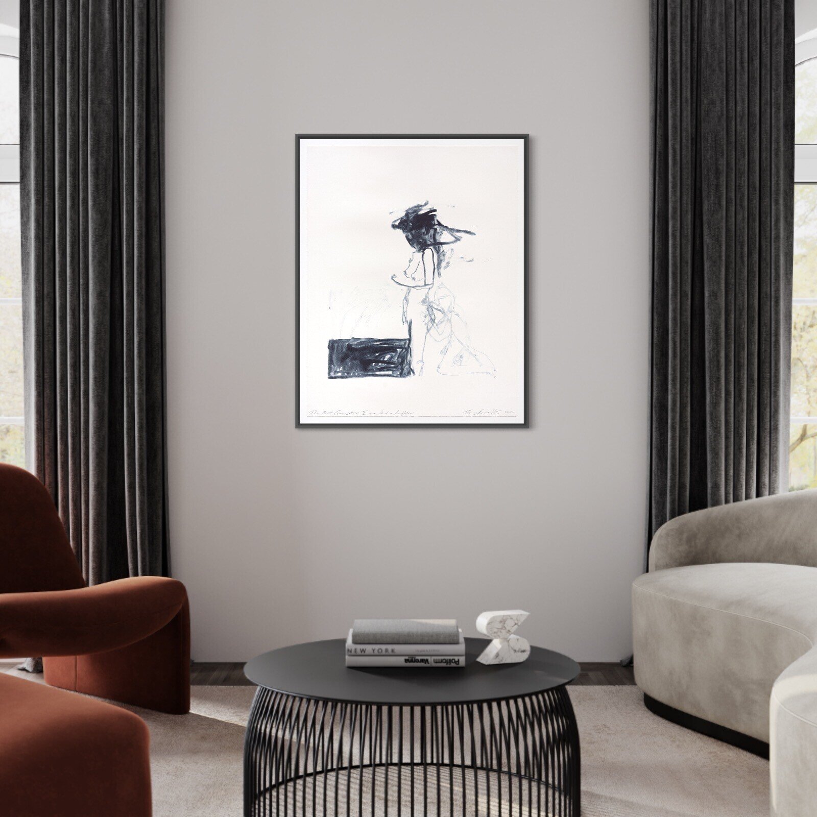A minimalist ink sketch of a seated figure with a dark, abstract head against a stark white background.