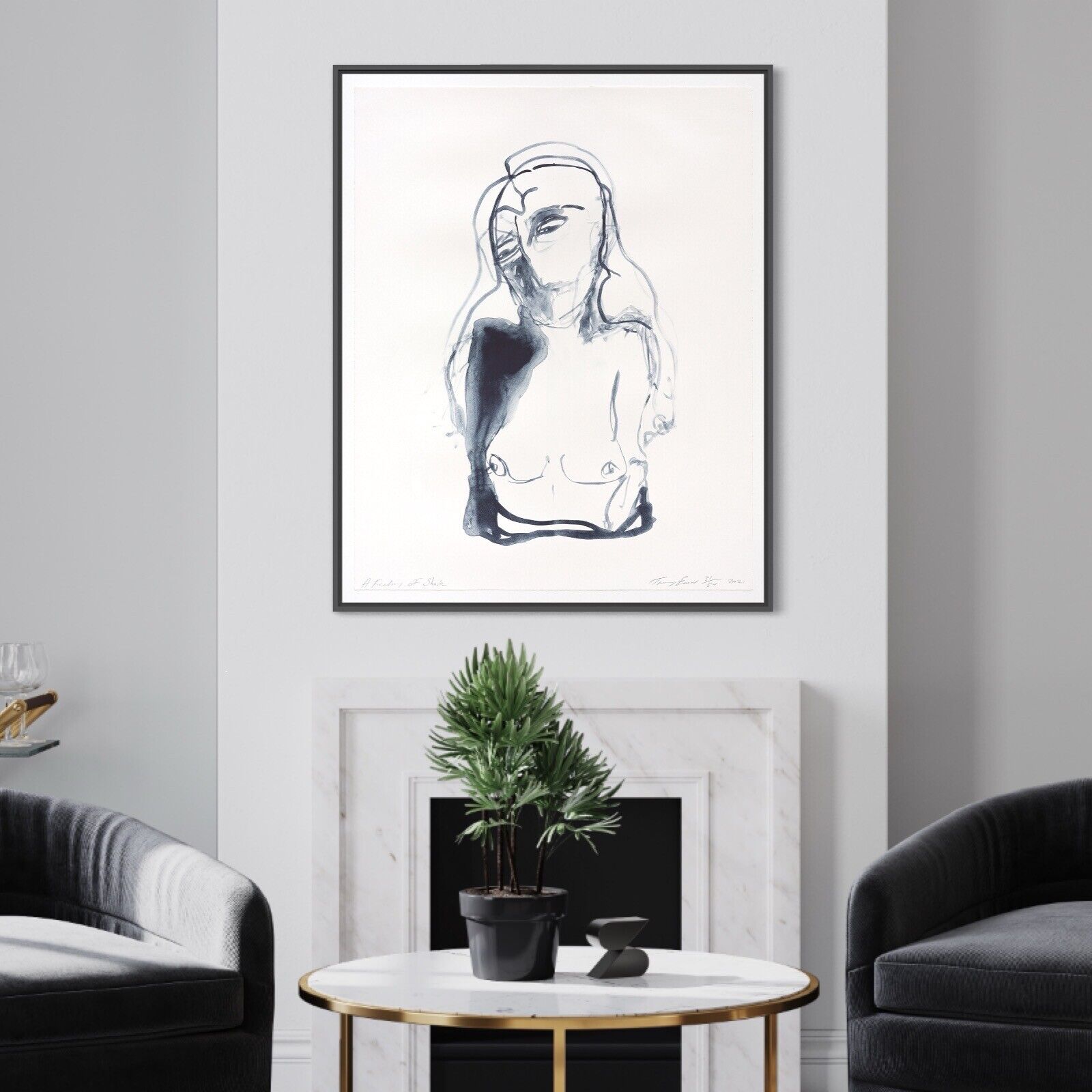 A modern interior scene featuring a minimalist line drawing of a figure on the wall, flanked by two armchairs and a round wire table.