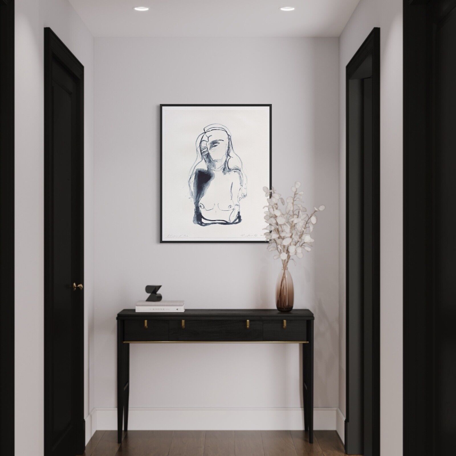 A modern interior scene featuring a minimalist line drawing of a figure on the wall, flanked by two armchairs and a round wire table.