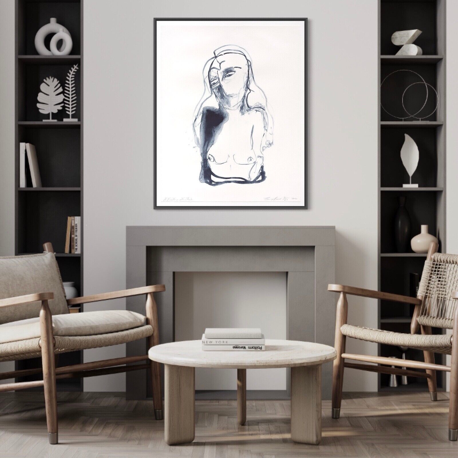 A modern interior scene featuring a minimalist line drawing of a figure on the wall, flanked by two armchairs and a round wire table.