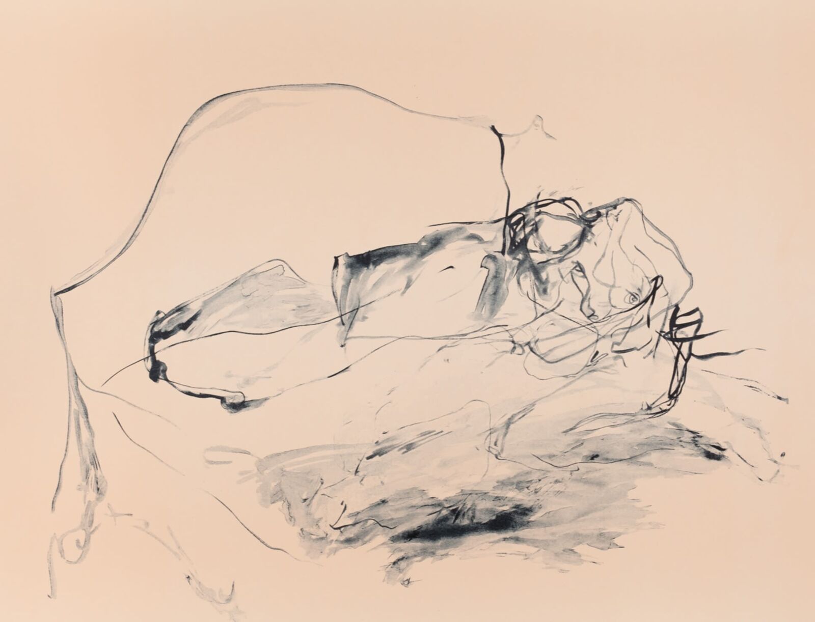 A minimalist charcoal sketch of a reclining figure on a pale peach background.