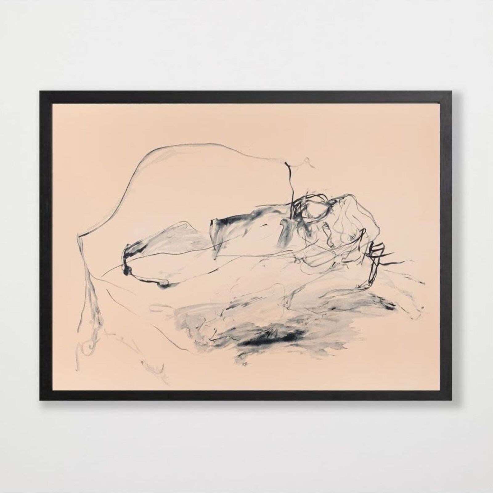 A minimalist charcoal sketch of a reclining figure on a pale peach background.