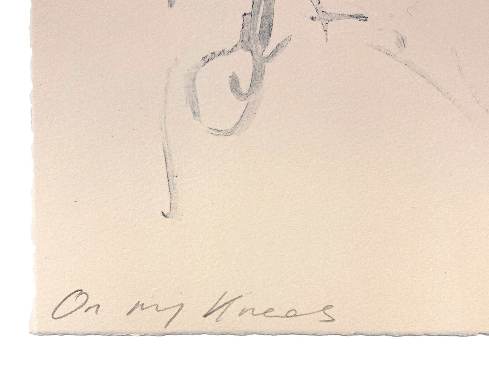 A minimalist charcoal sketch of a reclining figure on a pale peach background.