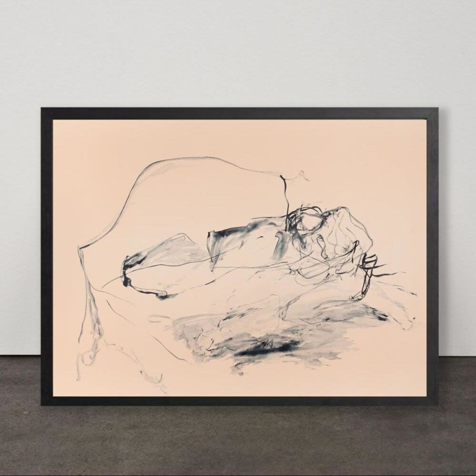 A minimalist charcoal sketch of a reclining figure on a pale peach background.