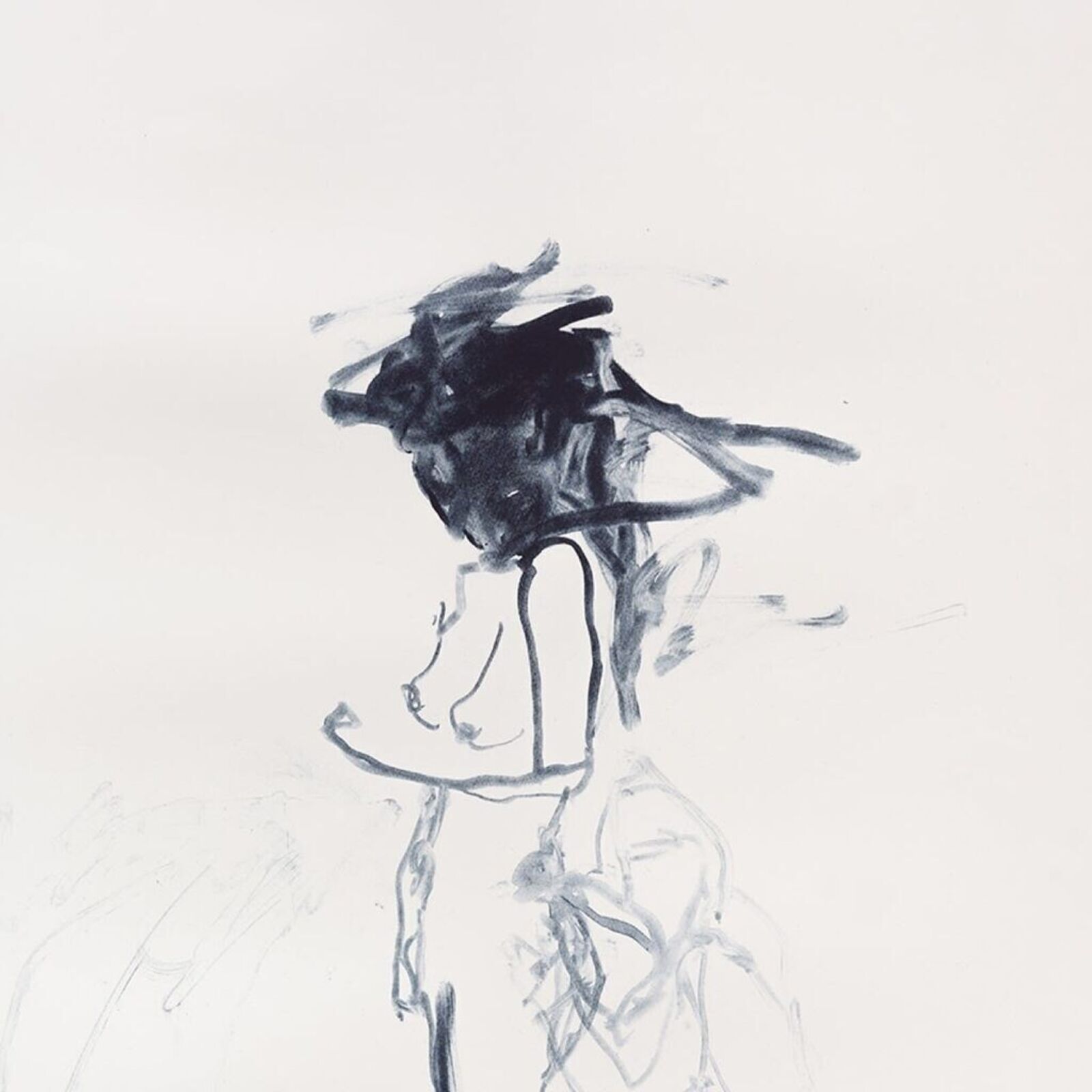 A minimalist ink sketch of a seated figure with bold, abstract shading.
