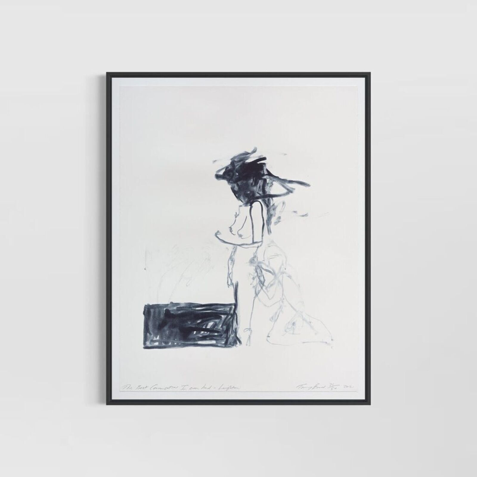 A minimalist ink sketch of a seated figure with bold, abstract shading.