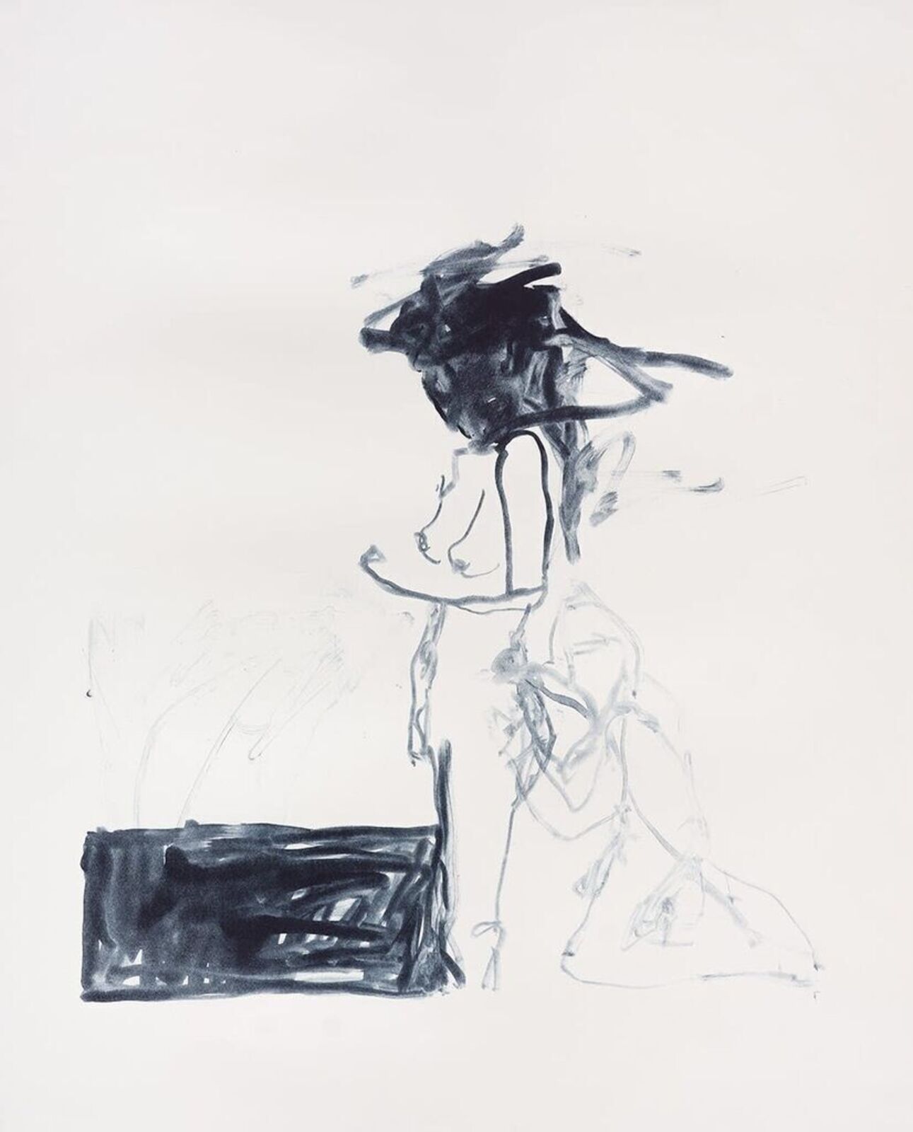 A minimalist ink sketch of a seated figure with bold, abstract shading.