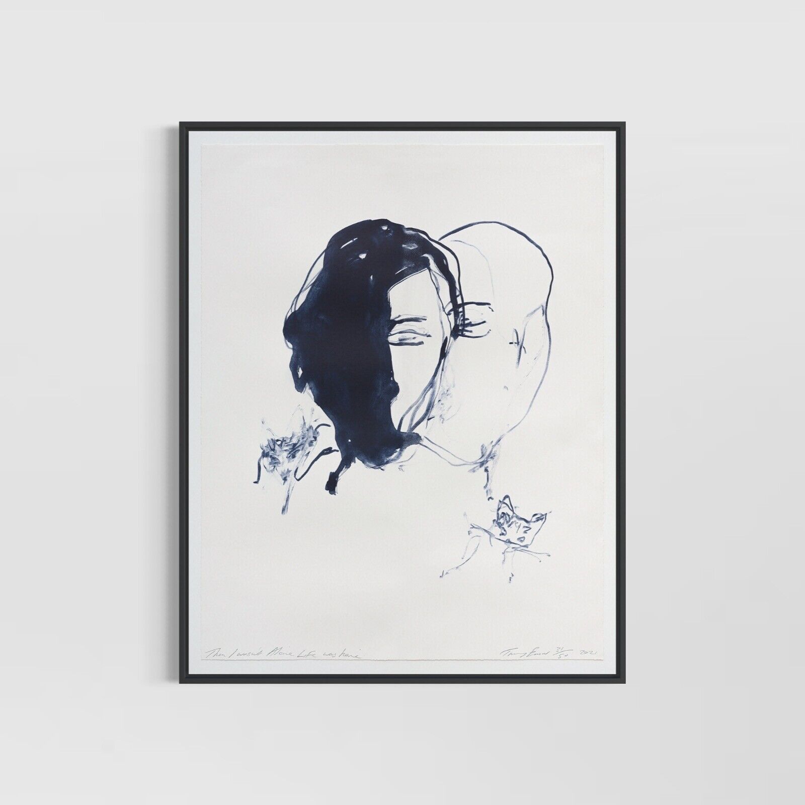A minimalist ink portrait of a figure with closed eyes and dark hair, accompanied by small abstract marks.