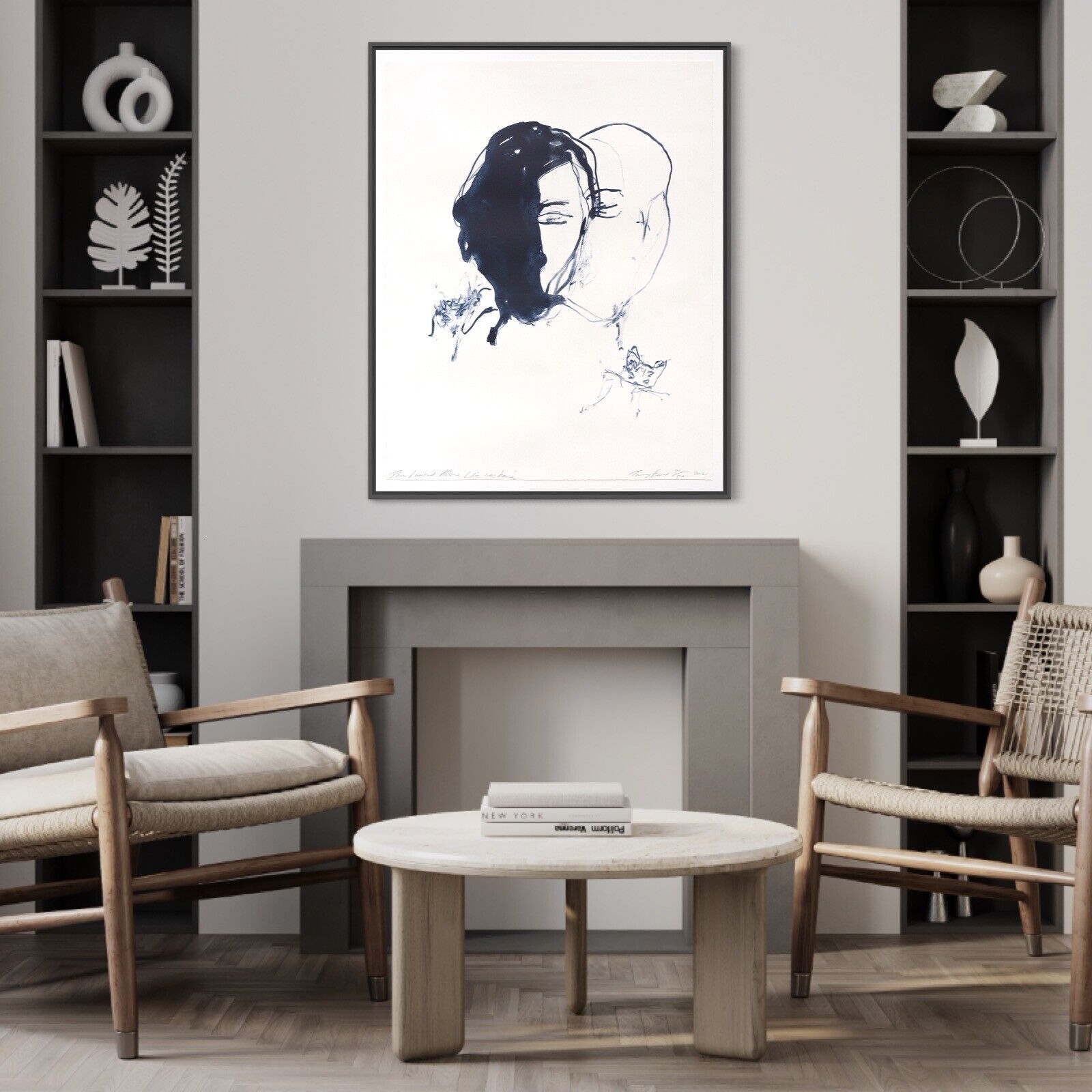 A minimalist ink portrait of a figure with closed eyes and dark hair, accompanied by small abstract marks.