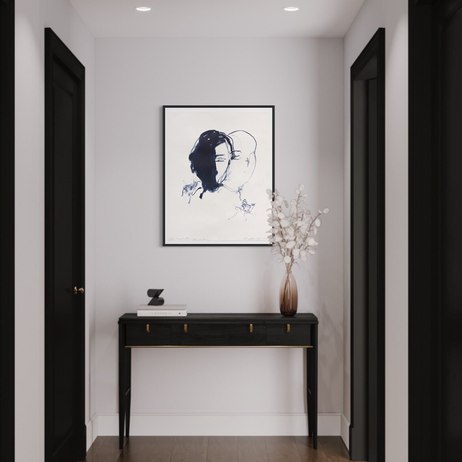 A minimalist ink portrait of a figure with closed eyes and dark hair, accompanied by small abstract marks.