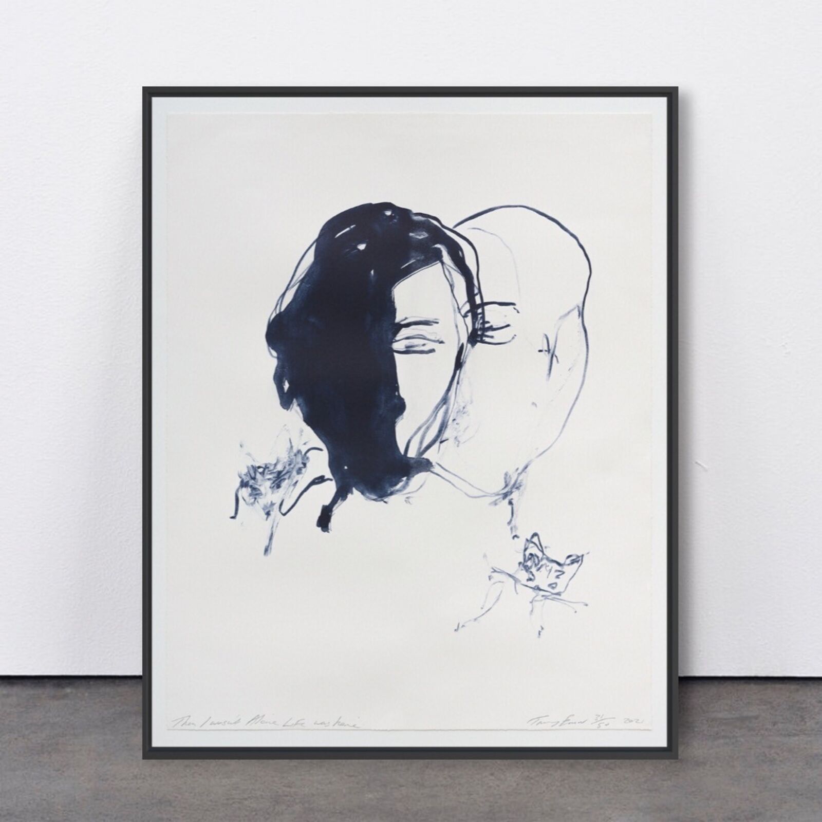 A minimalist ink portrait of a figure with closed eyes and dark hair, accompanied by small abstract marks.