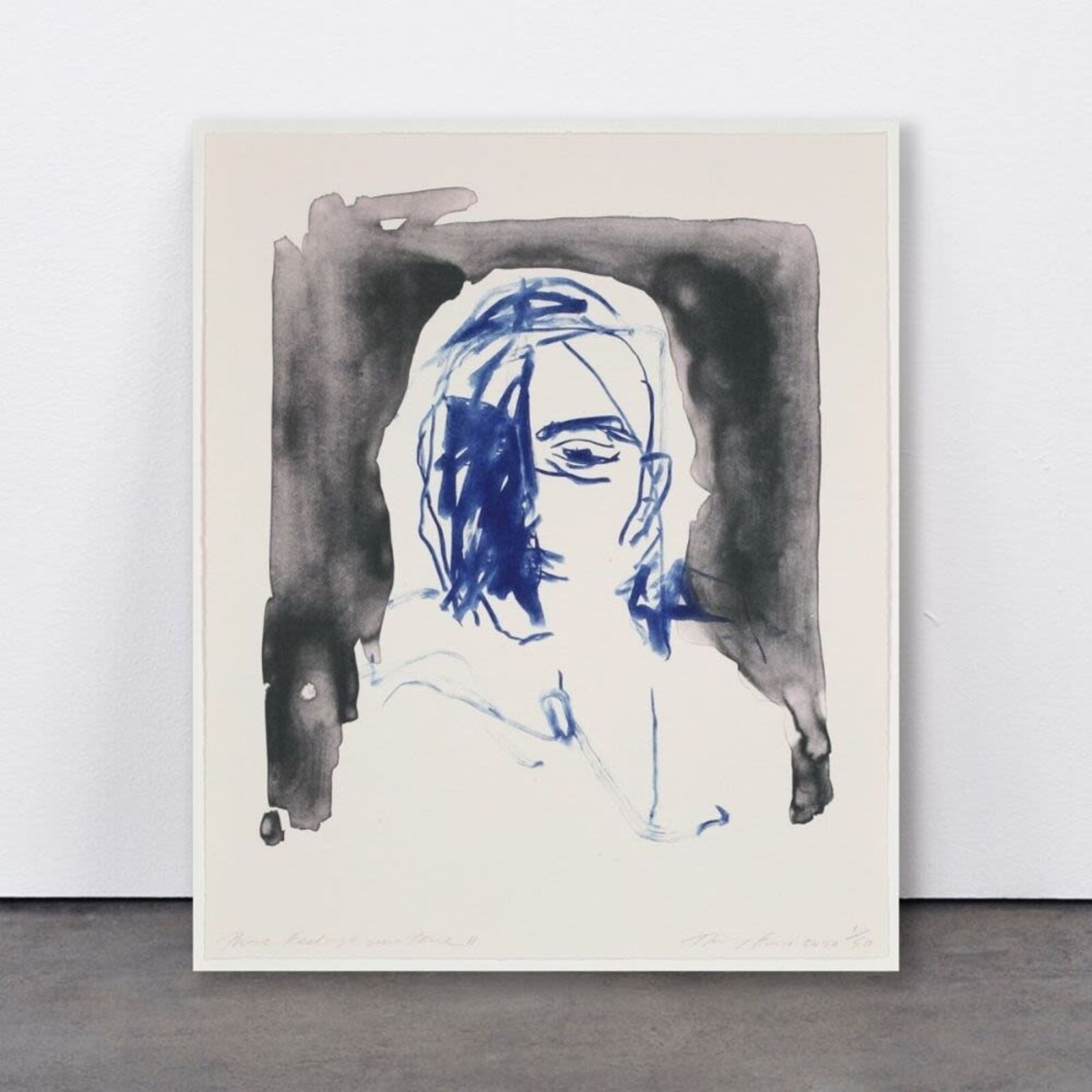 A portrait of a figure framed by dark, shadowy shapes.