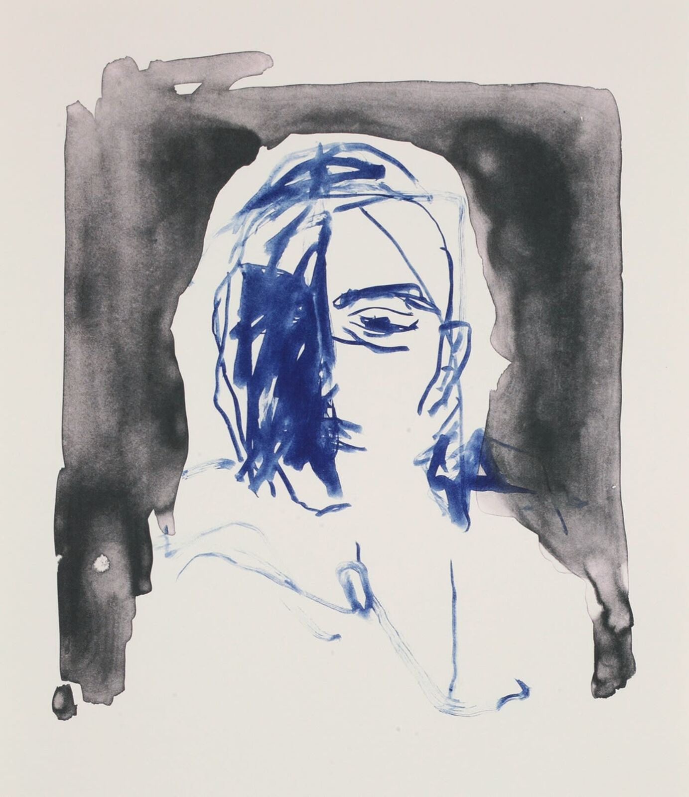 A portrait of a figure framed by dark, shadowy shapes.