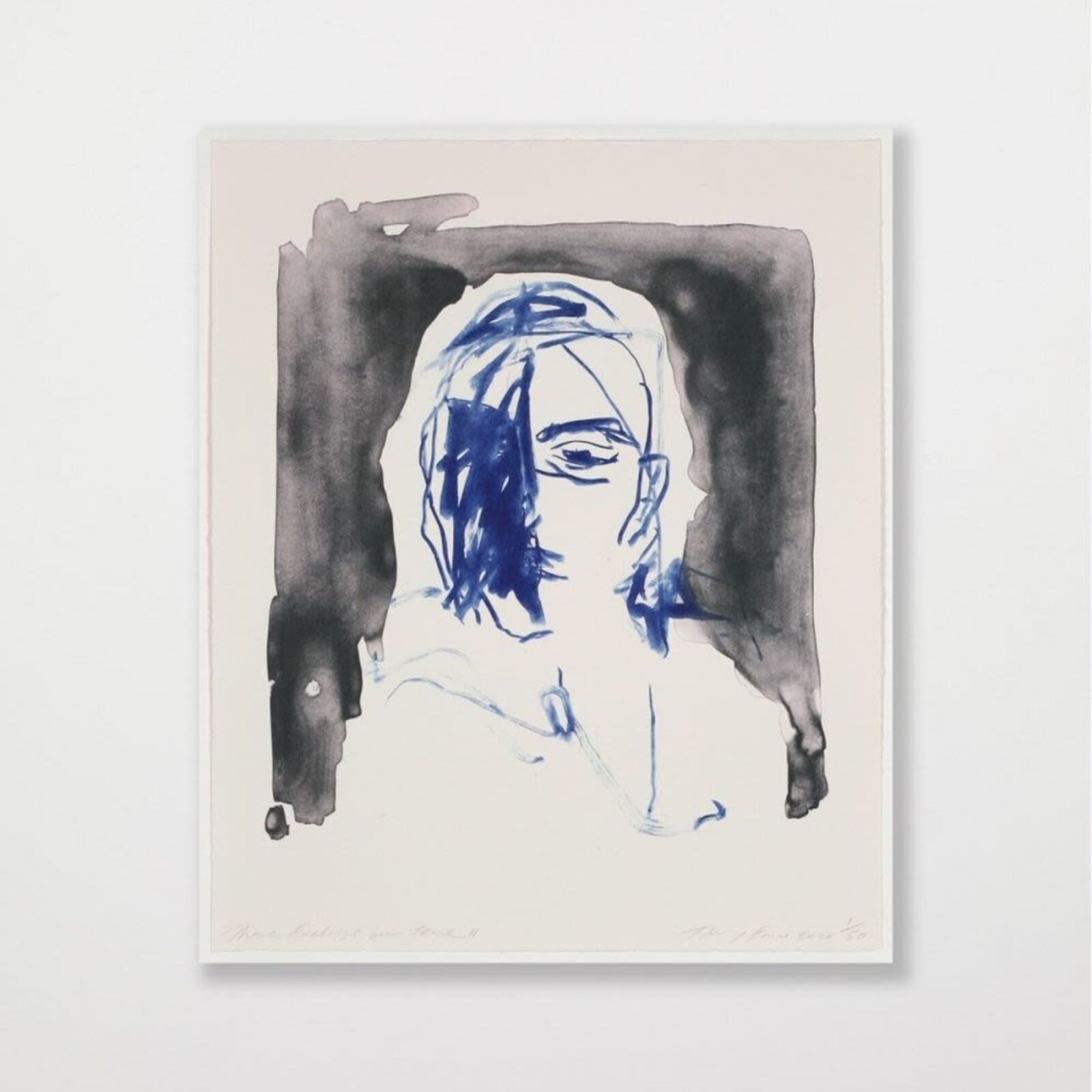 A portrait of a figure framed by dark, shadowy shapes.