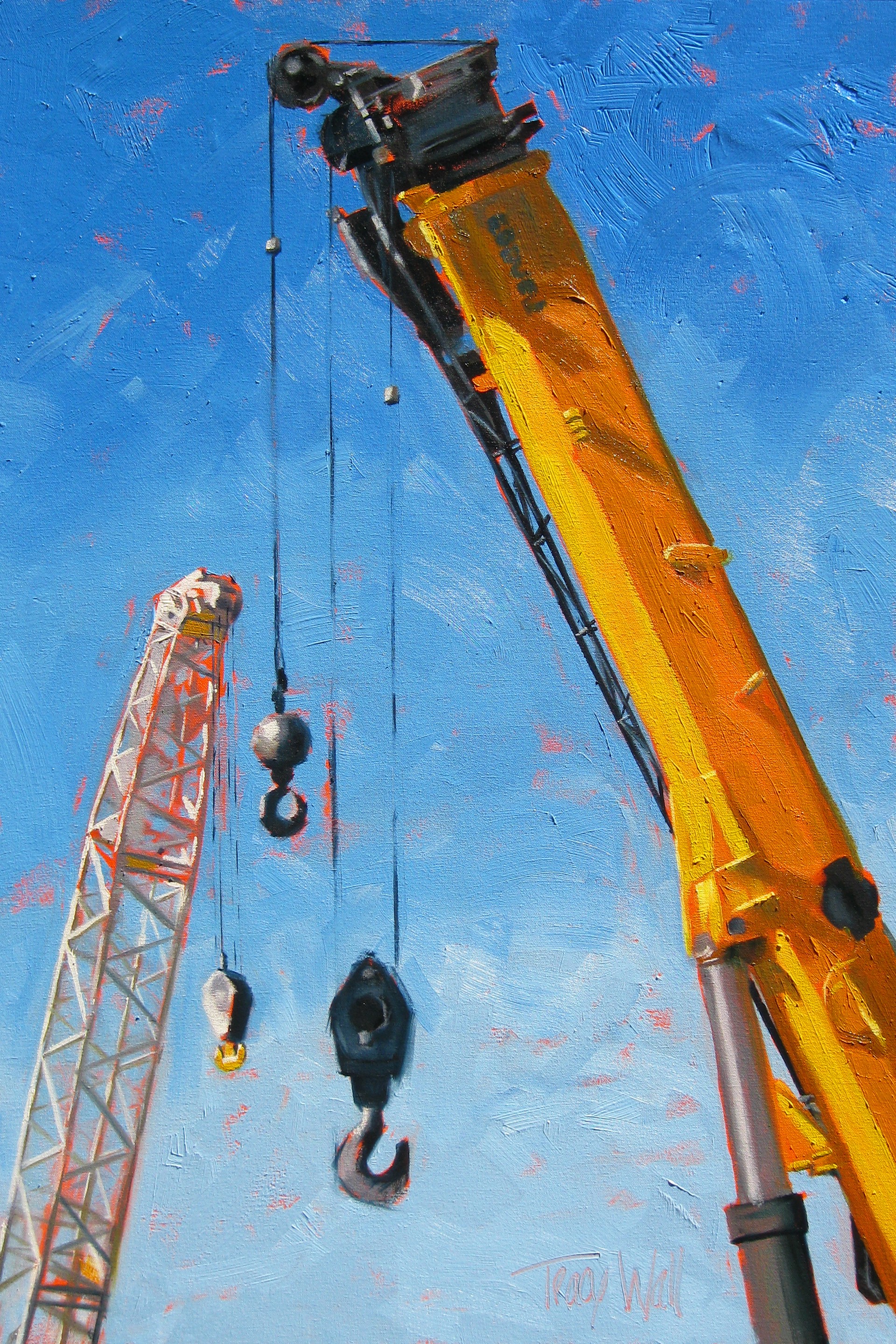 A painting of a crane with a hook hanging from it.