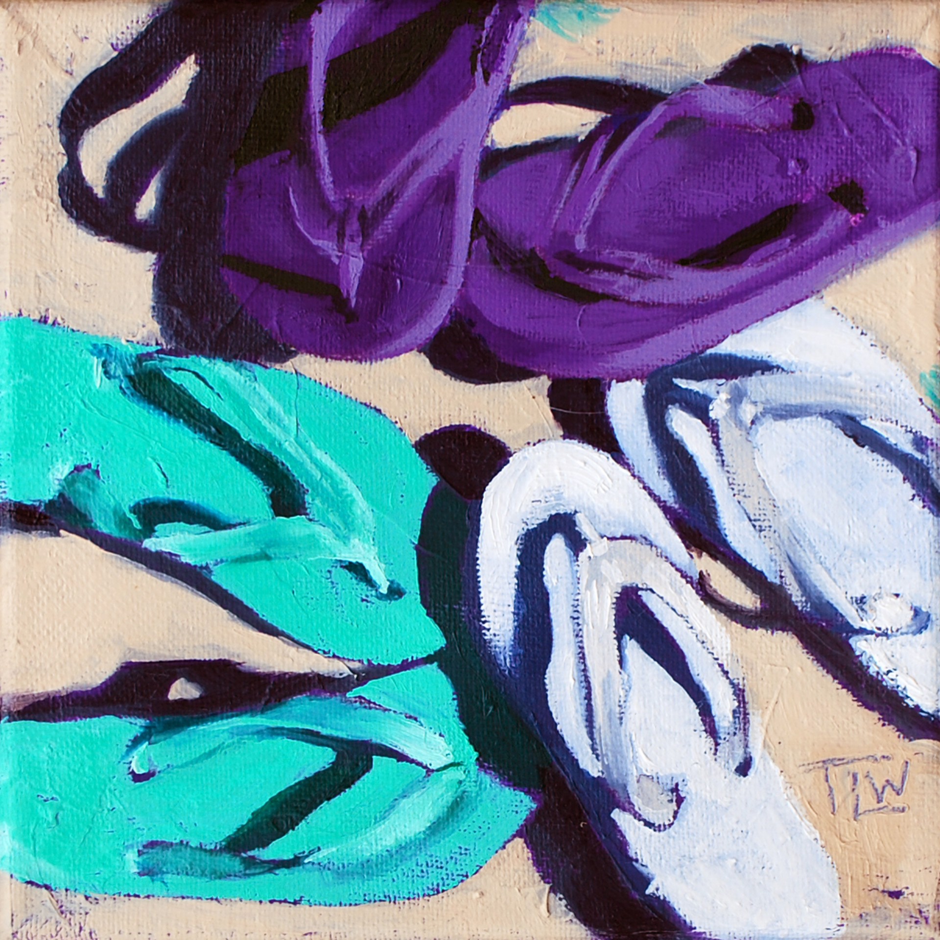 A painting of three pairs of flip flops on a beige background.