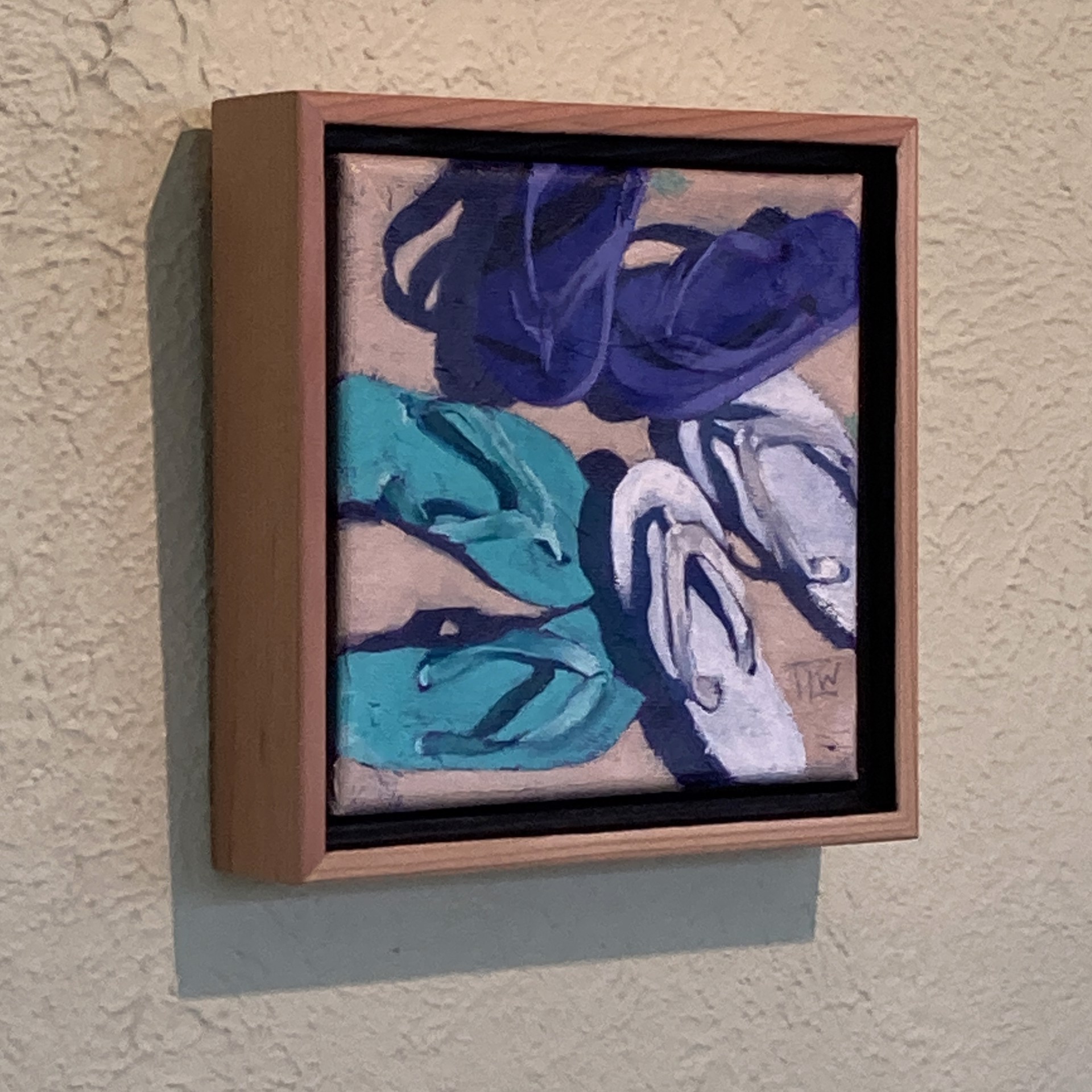 A painting of three pairs of flip flops on a beige background.