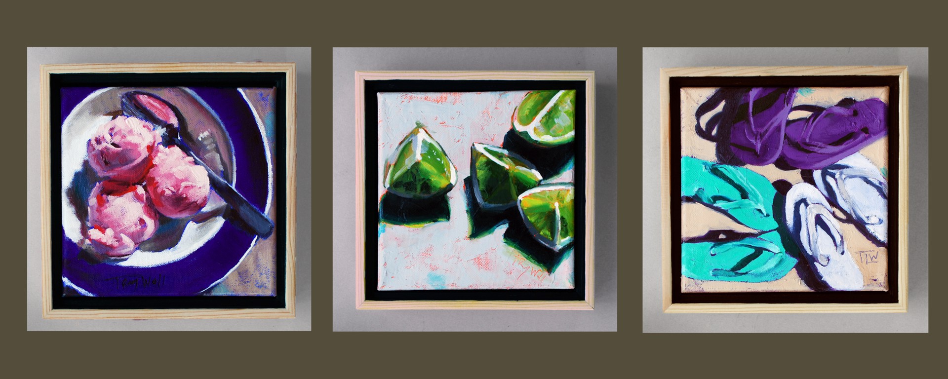 A painting of three pairs of flip flops on a beige background.