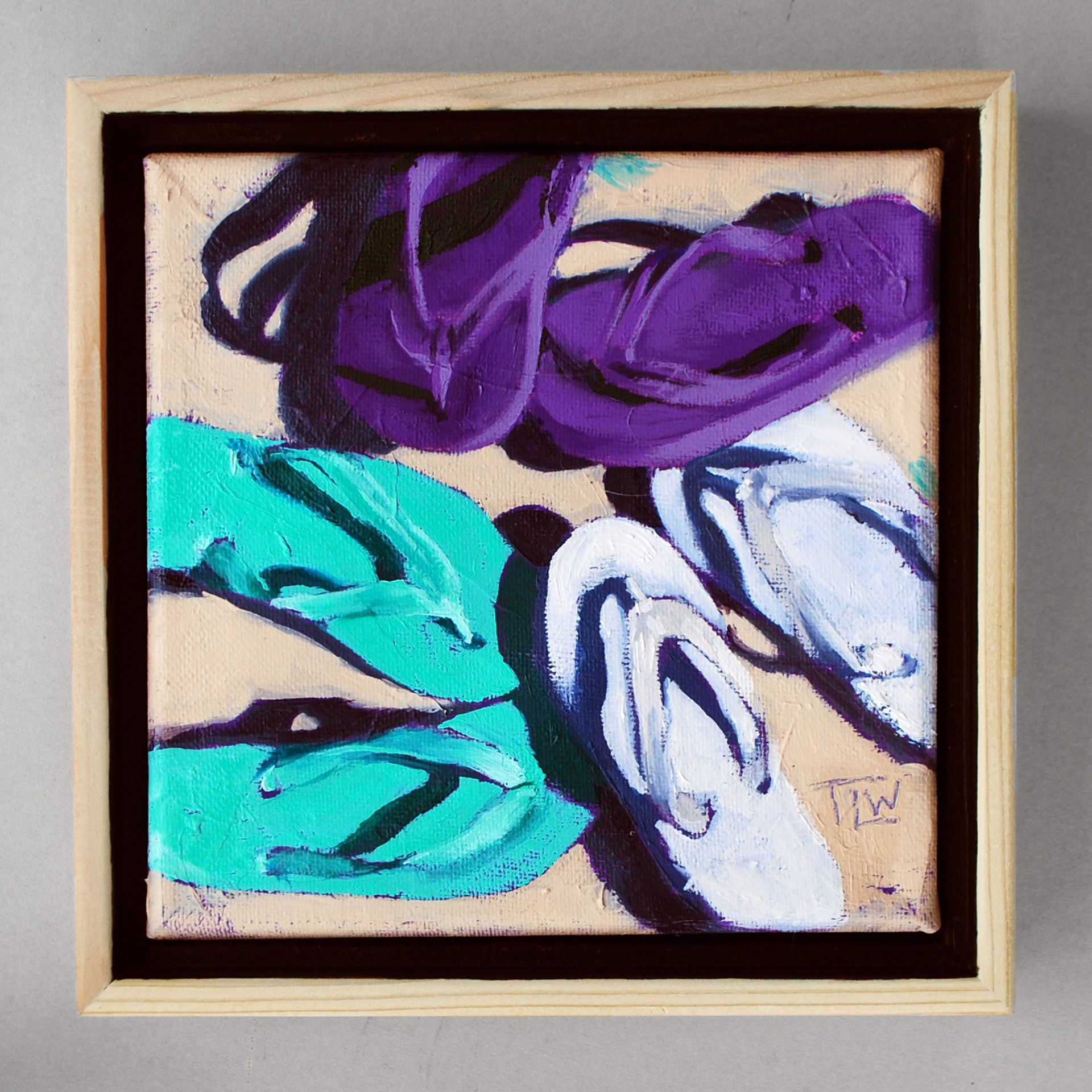 A painting of three pairs of flip flops on a beige background.