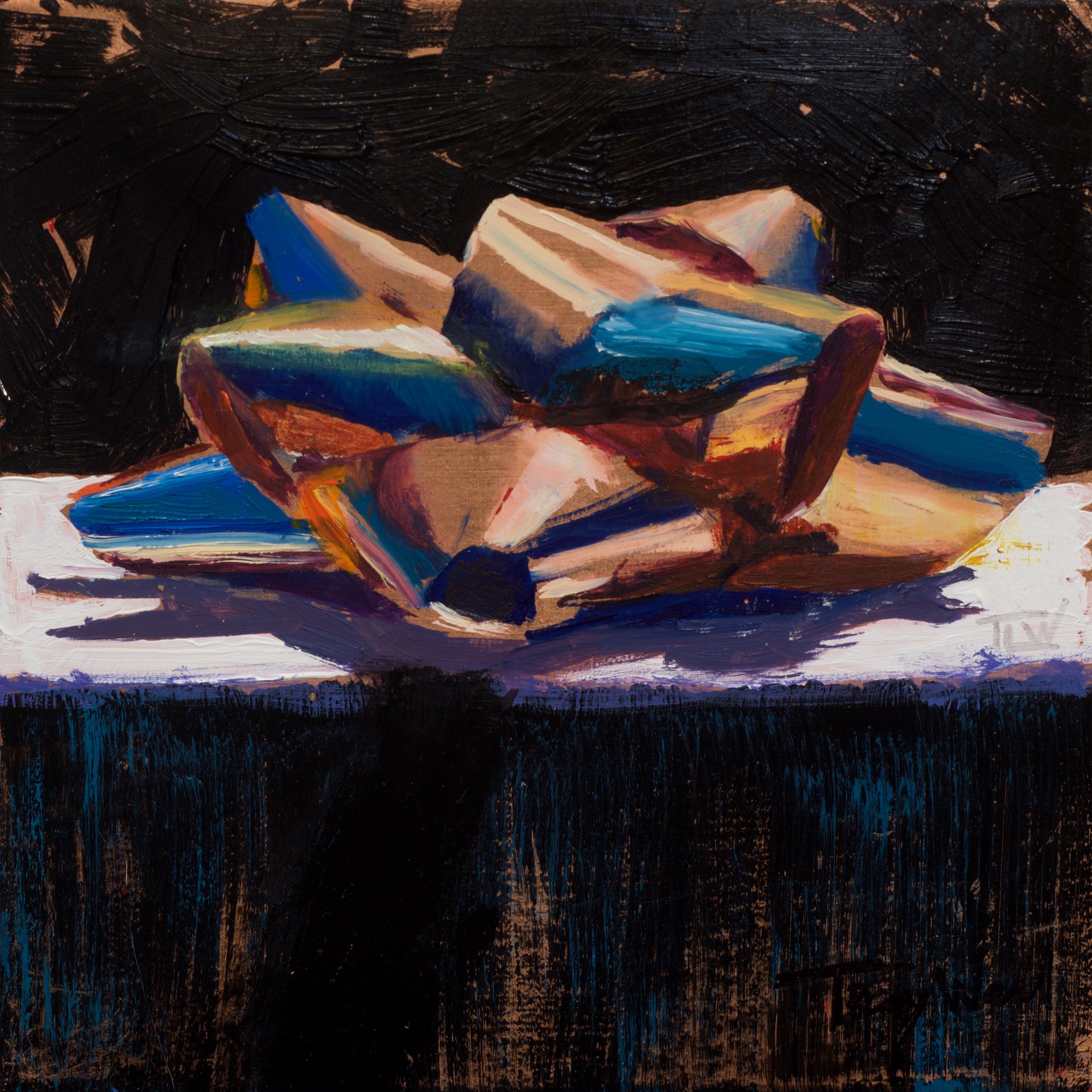 A painting of a pile of rocks on a table.