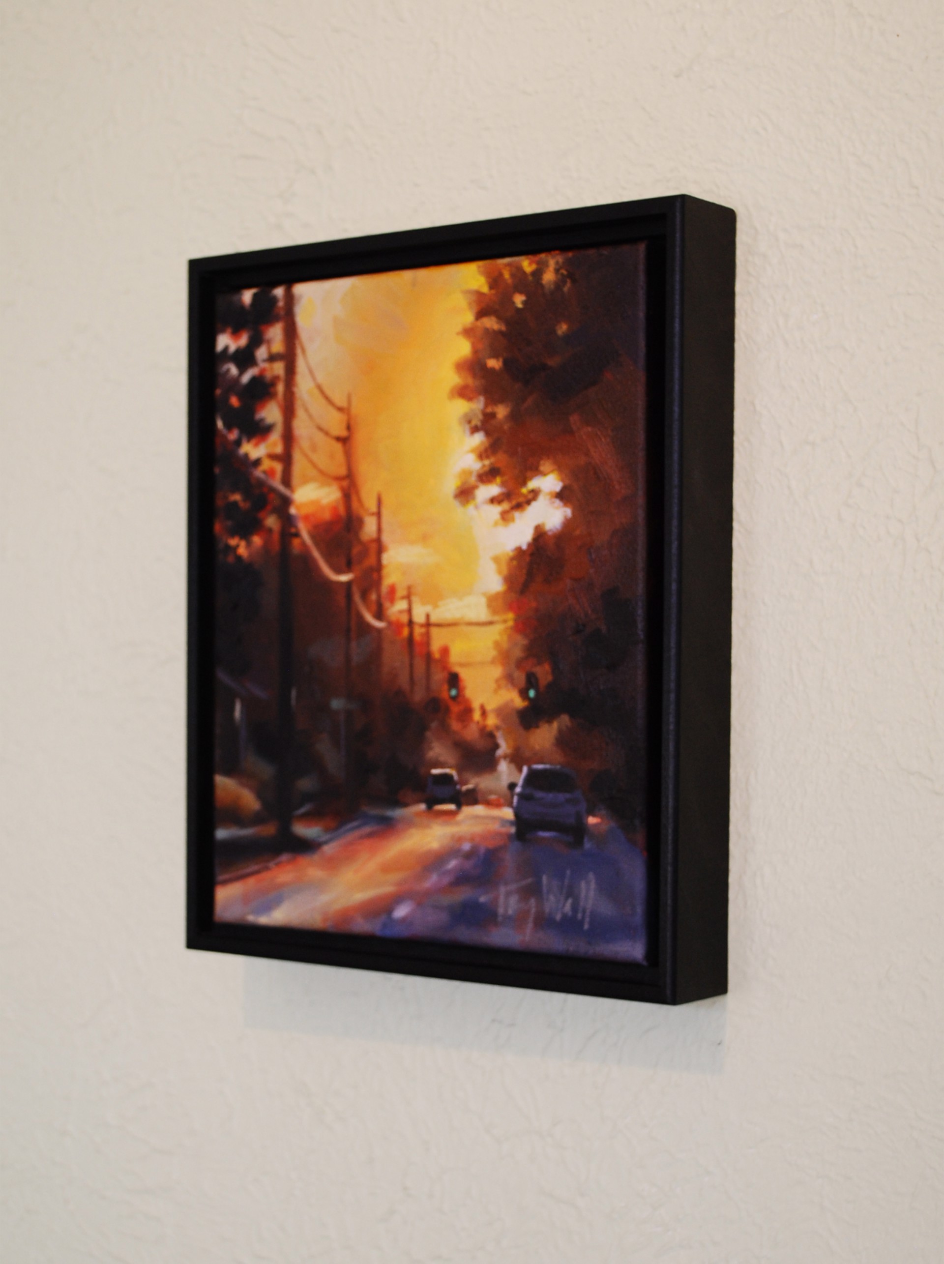 A painting of a street scene with cars driving down the road.