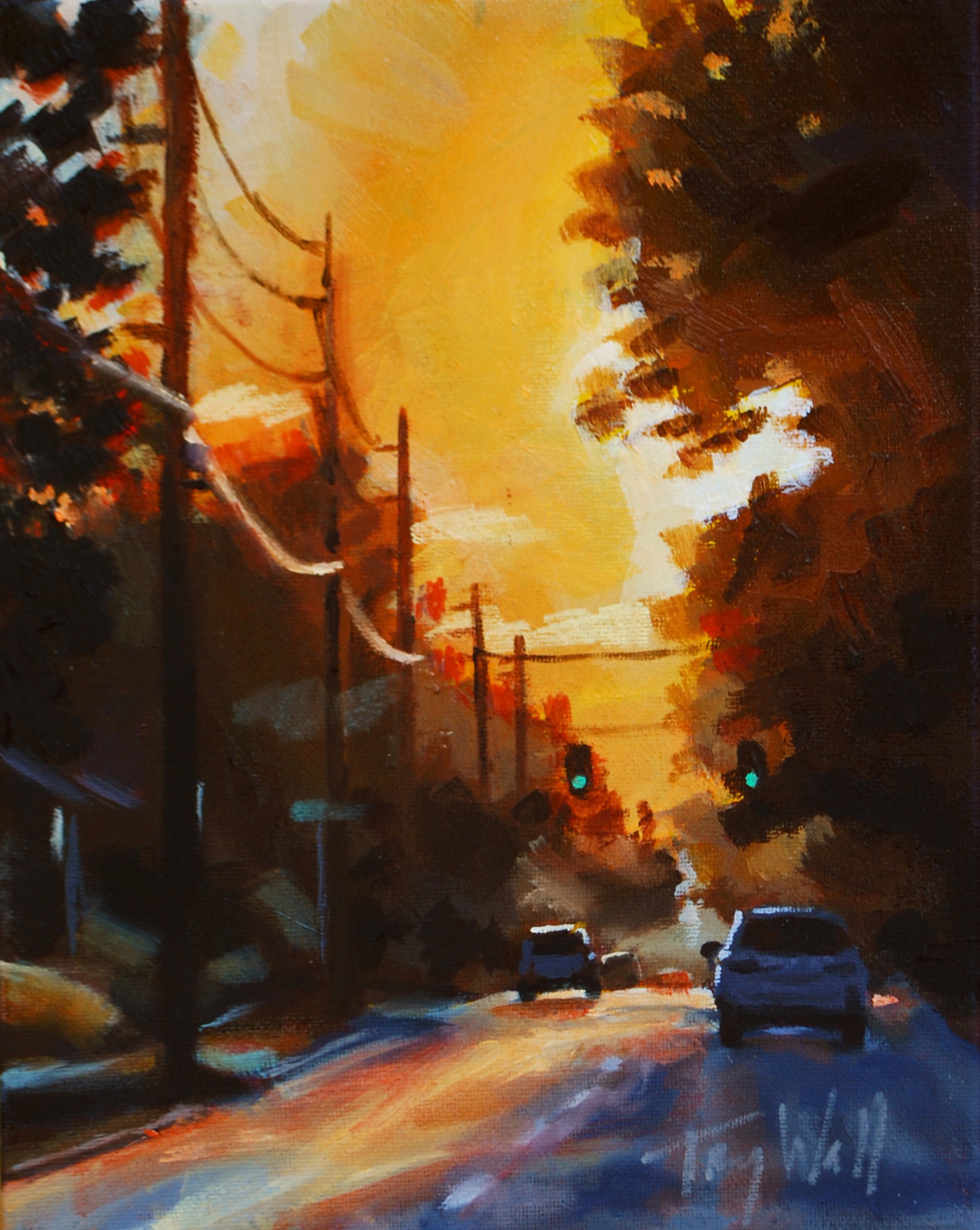 A painting of a street scene with cars driving down the road.