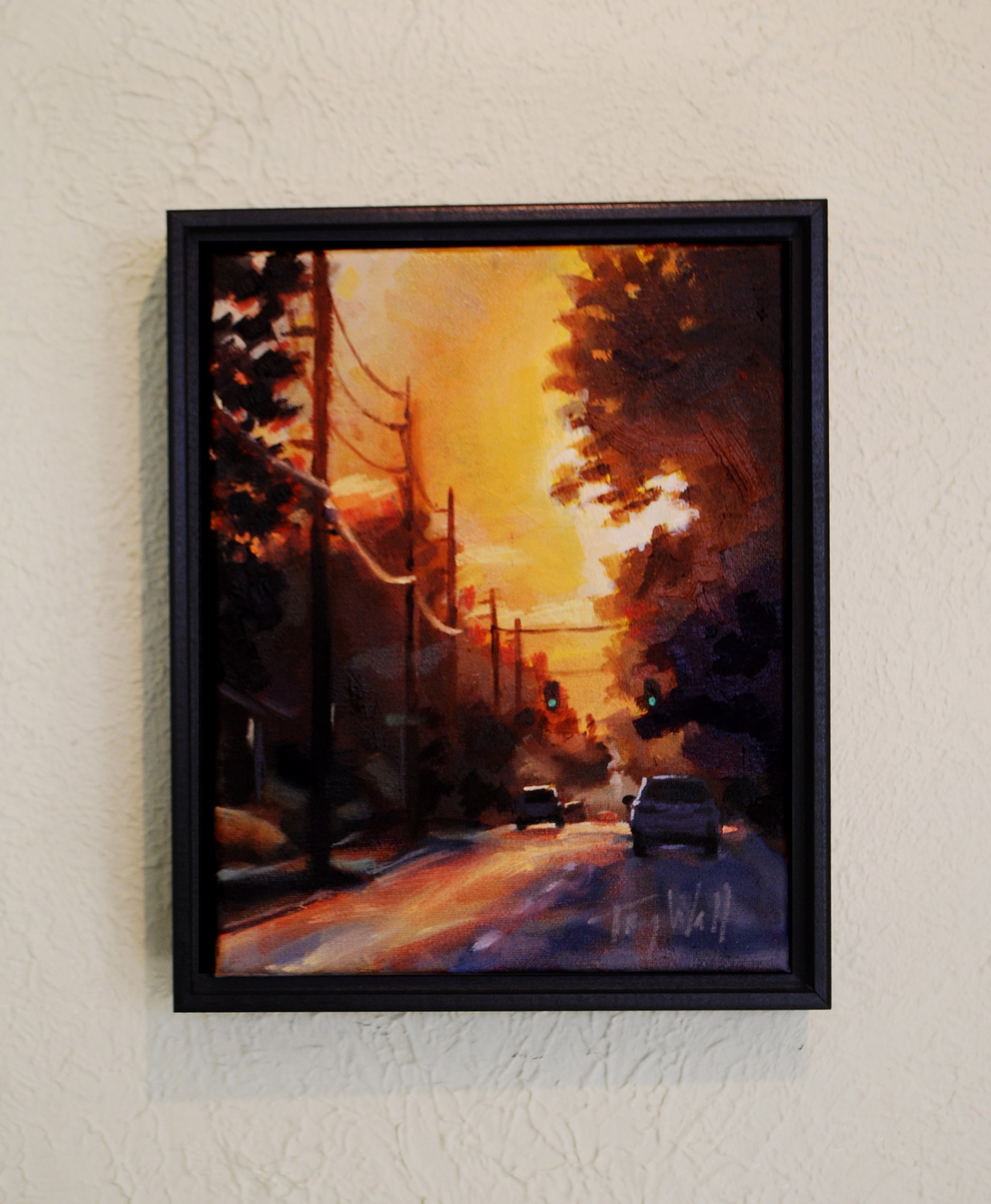 A painting of a street scene with cars driving down the road.