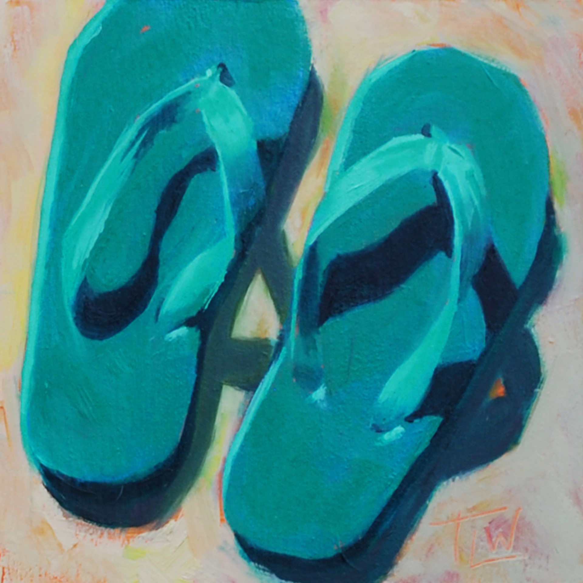 A painting of a pair of blue flip flops on a pink background.