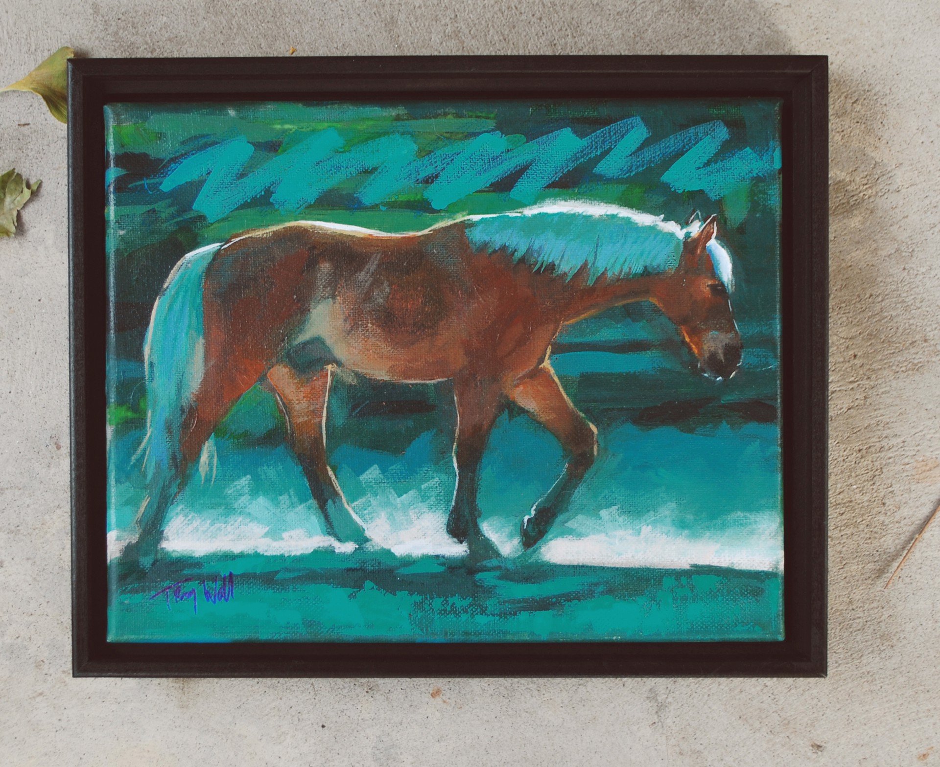 A painting of a horse walking in the snow.