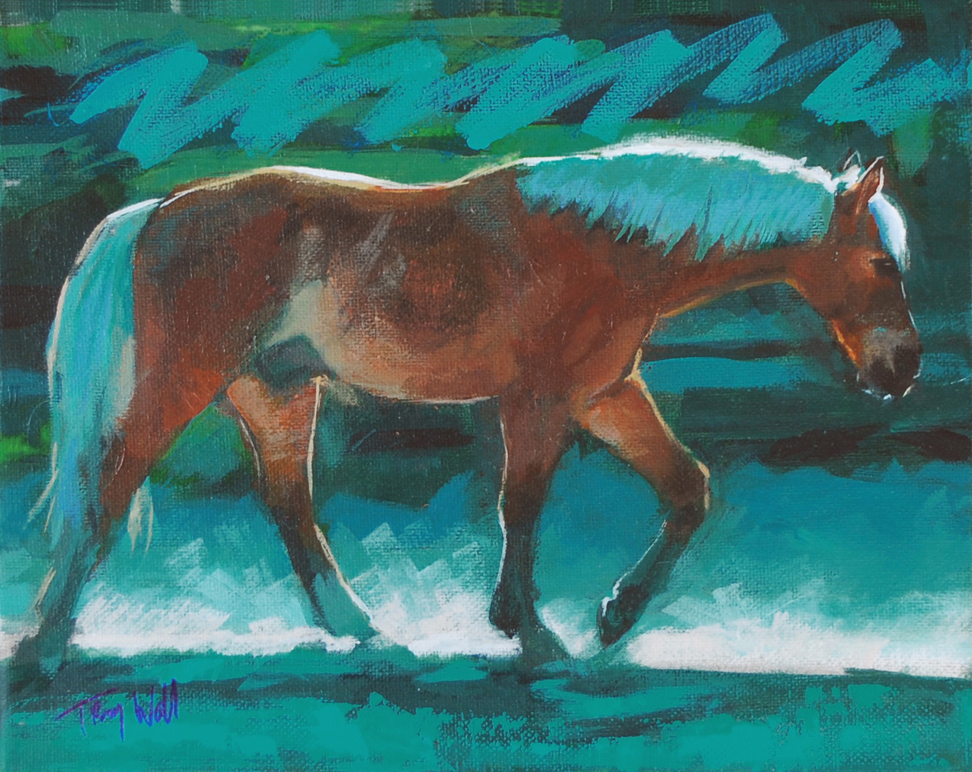 A painting of a horse walking in the snow.